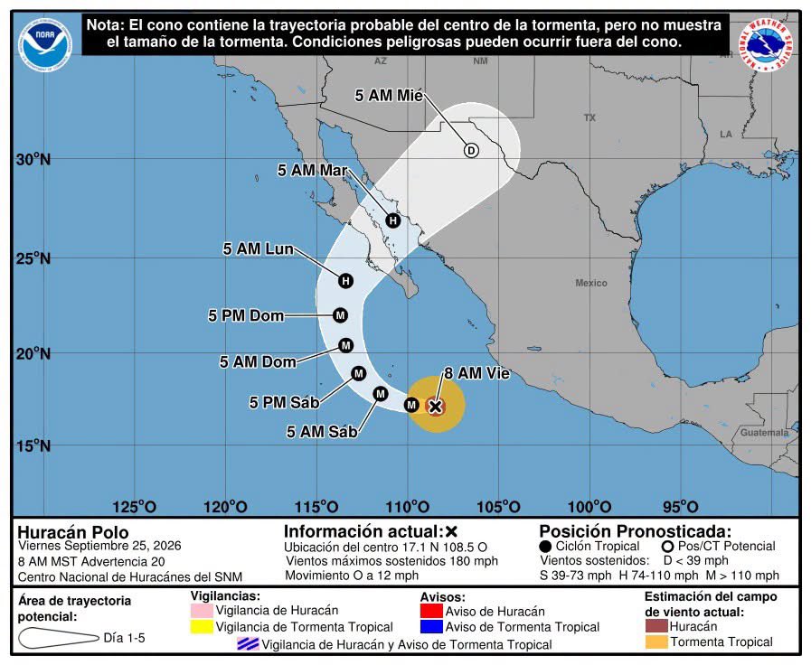 cepcsonora's tweet photo. 🌀 - #Clima | Huracán Cat. 4 "Polo" - 010

A las 09:00 horas, el huracán Polo se mantiene como categoría 4 en aguas del Pacífico, ubicándose a unos 270 km al suroeste de Manzanillo, Colima, y en desplazamiento mar adentro hacia el oeste-noroeste. 

https://t.co/7VPbEkccza… https://t.co/PxzCeiTPVd