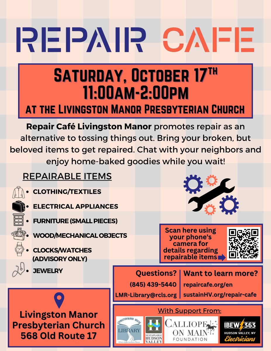 LMR_Library's tweet photo. Don't miss the opportunity to get your broken items fixed for free! The next Livingston Manor Repair Café is scheduled for Saturday, October 17th! https://t.co/PbUmUym4Xa