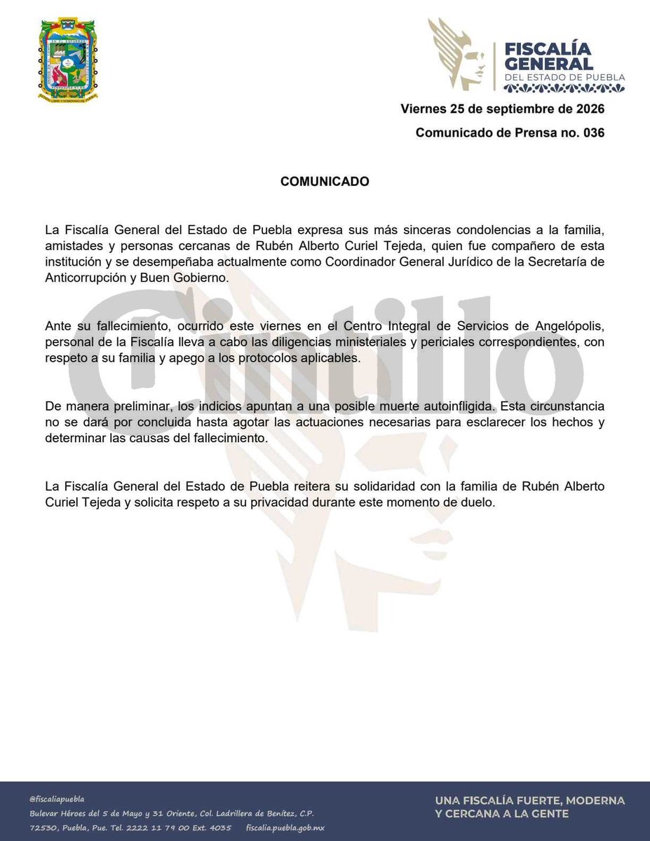 Cintillo_'s tweet photo. 🚨 #ÚltimaHora | @FiscaliaPuebla confirma muerte de Rubén Curiel Tejeda, Coord. Jurídico de @Gob_Puebla, en el CIS Angelópolis. 

De forma preliminar apunta a posible muerte autoinfligida, sigue investigación. Envían condolencias. #Puebla https://t.co/nodaIY0upI