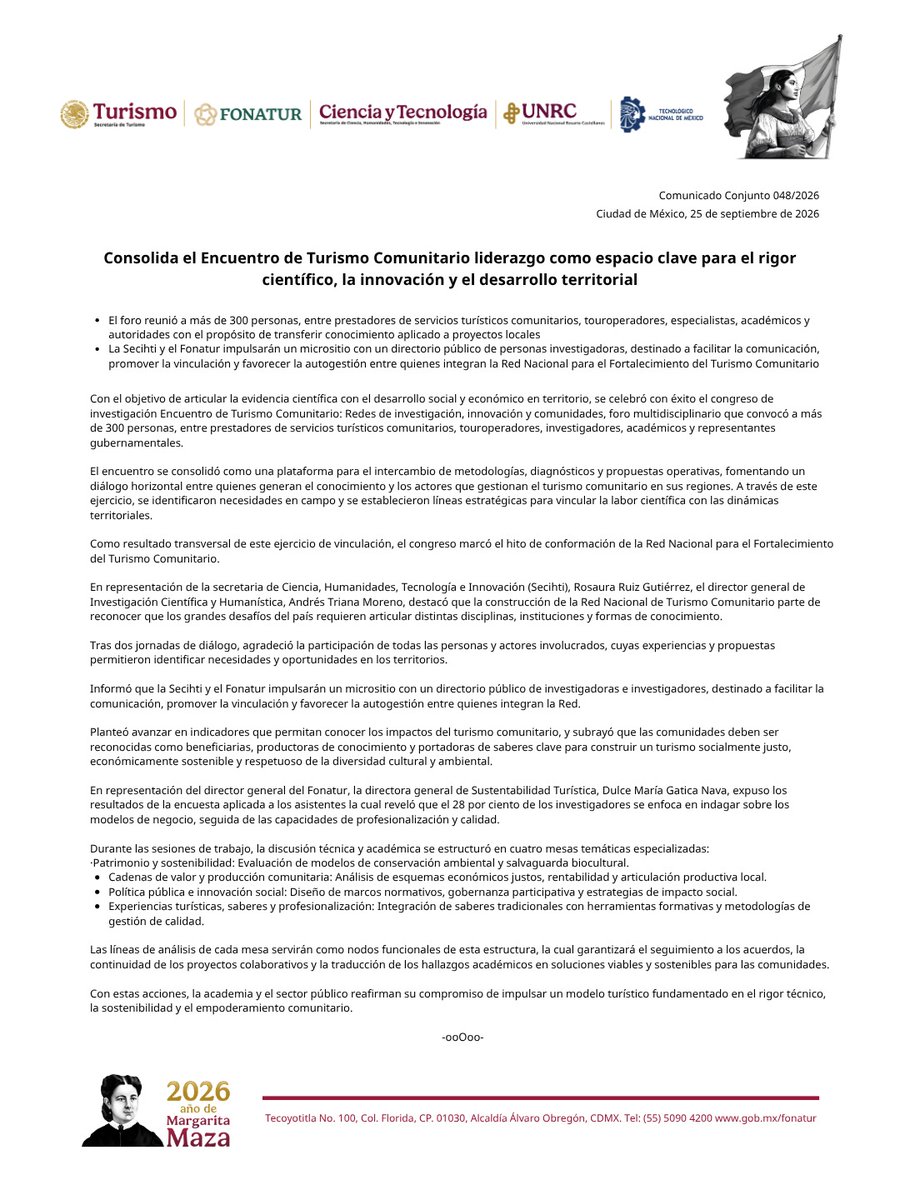 FonaturMX's tweet photo. #Comunicado

Consolida el Encuentro de Turismo Comunitario liderazgo como espacio clave para el rigor científico, la innovación y el desarrollo territorial

https://t.co/BOE1AfDf4X https://t.co/Y4CJFuVoB1