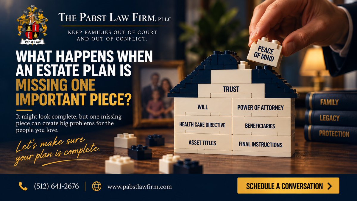 Pabstlaw's tweet photo. An estate plan can look complete and still be missing one important piece. 🧩
A forgotten beneficiary, improperly titled asset, or unfunded trust can create exactly what you were trying to prevent: court, expense &amp; family conflict. 
Make sure all the pieces fit. https://t.co/inwNQc4fOz