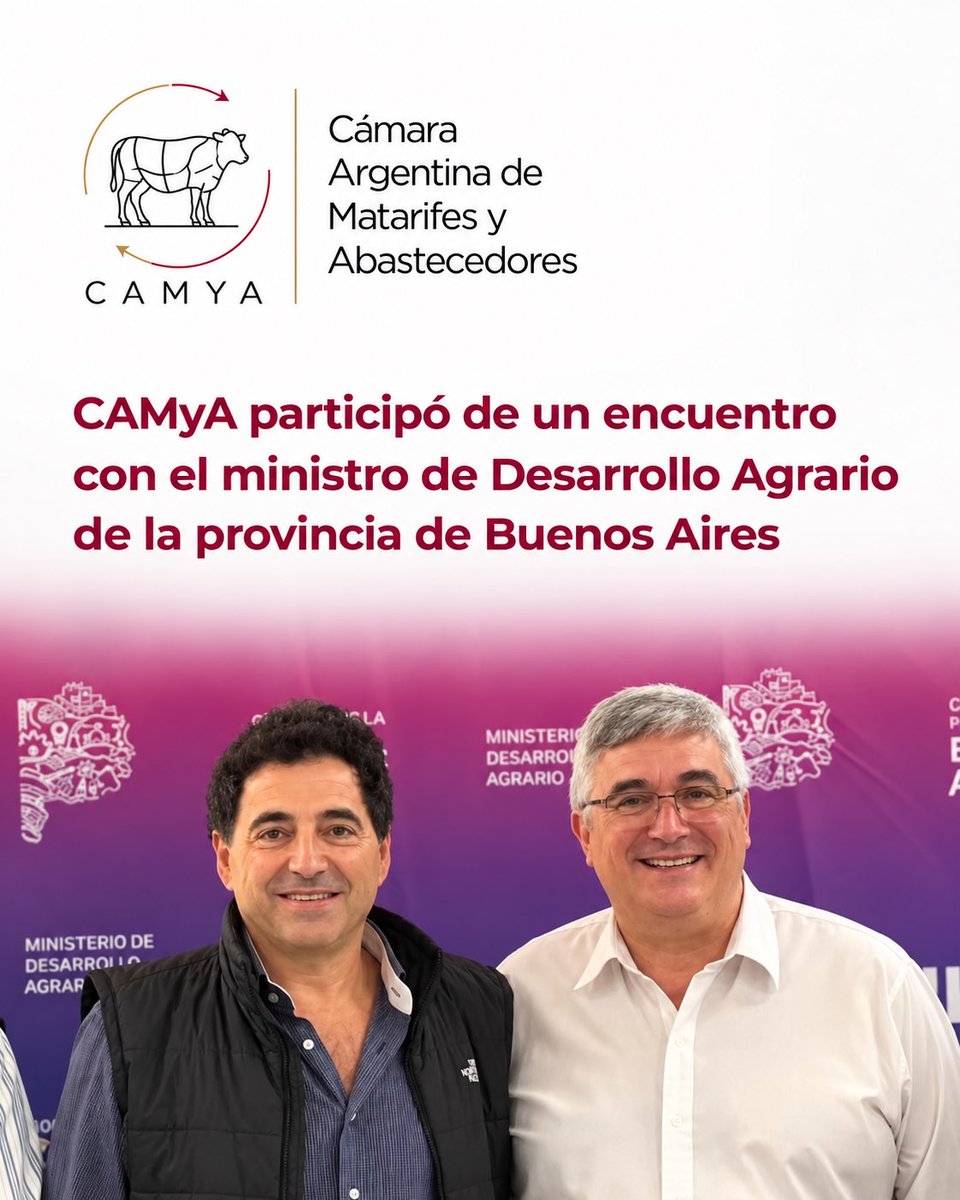 CAMyAok's tweet photo. 🤝CAMyA participó de un encuentro con el ministro Javier Rodríguez

La Cámara Argentina de Matarifes y Abastecedores participó de una reunión con el ministro de Desarrollo Agrario de la provincia de Buenos Aires, Dr. Javier Rodríguez, en el Mercado Agroganadero de Cañuelas. https://t.co/g2McmHp7x1