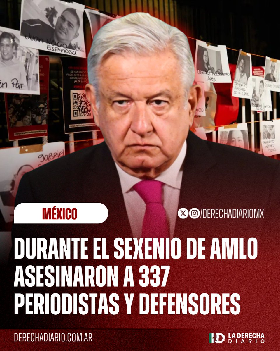 DerechaDiarioMX's tweet photo. 🚨🇲🇽 | CENSURA CON VIOLENCIA: 337 periodistas, comunicadores, protectores ambientales y defensores de derechos humanos fueron asesinados en el sexenio del narcoexpresidente AMLO, debido a que fueron tratados como enemigos del estado por su narcogobierno, reveló un estudio de la Universidad de Berkeley.