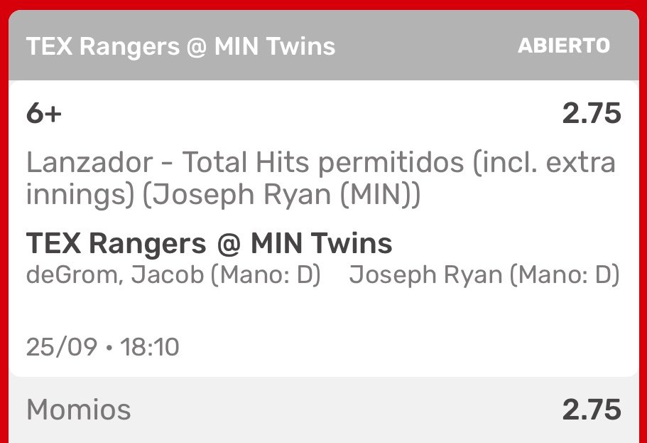 laspropsdelrudo's tweet photo. Como andamos raza? Listos para seguir con la  #MLB  vamos con el de #MNtwins  #AllForTX

⚾️J. Ryan 5+ hits permitidos 
Mi cuota 1.79
#Playdoit 1.90 

🔥 J. Ryan 6+ hits permitidos 
Mi cuota 2.10
#Playdoit 2.75

#Freebet #Freepicks #MLBBets https://t.co/DdqAUstcDJ