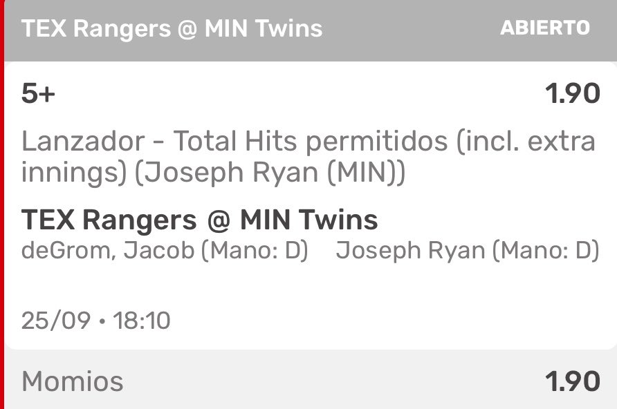 laspropsdelrudo's tweet photo. Como andamos raza? Listos para seguir con la  #MLB  vamos con el de #MNtwins  #AllForTX

⚾️J. Ryan 5+ hits permitidos 
Mi cuota 1.79
#Playdoit 1.90 

🔥 J. Ryan 6+ hits permitidos 
Mi cuota 2.10
#Playdoit 2.75

#Freebet #Freepicks #MLBBets https://t.co/DdqAUstcDJ