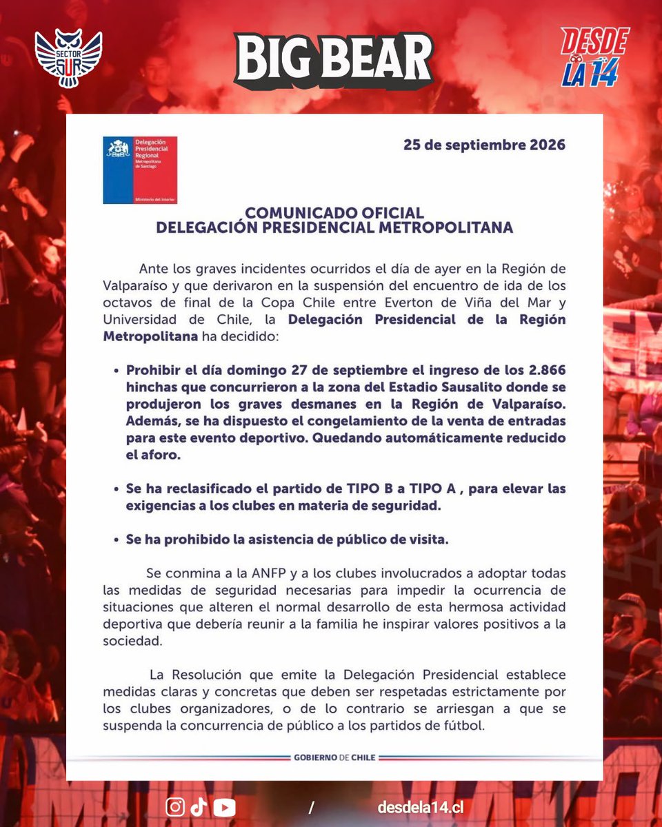 desdela14's tweet photo. 🔵🔴 DESDE LA 14 | 2.866 AZULES NO PODRÁN INGRESAR 🚨

🏟️ La Delegación Presidencial prohibió el ingreso este domingo a todos hinchas azules que asistieron a Sausalito.

‼️ Además, no habrá público visitante y el duelo pasó de categoría B a A.

💬 ¿Qué opinas? https://t.co/l1JEkp9e5s