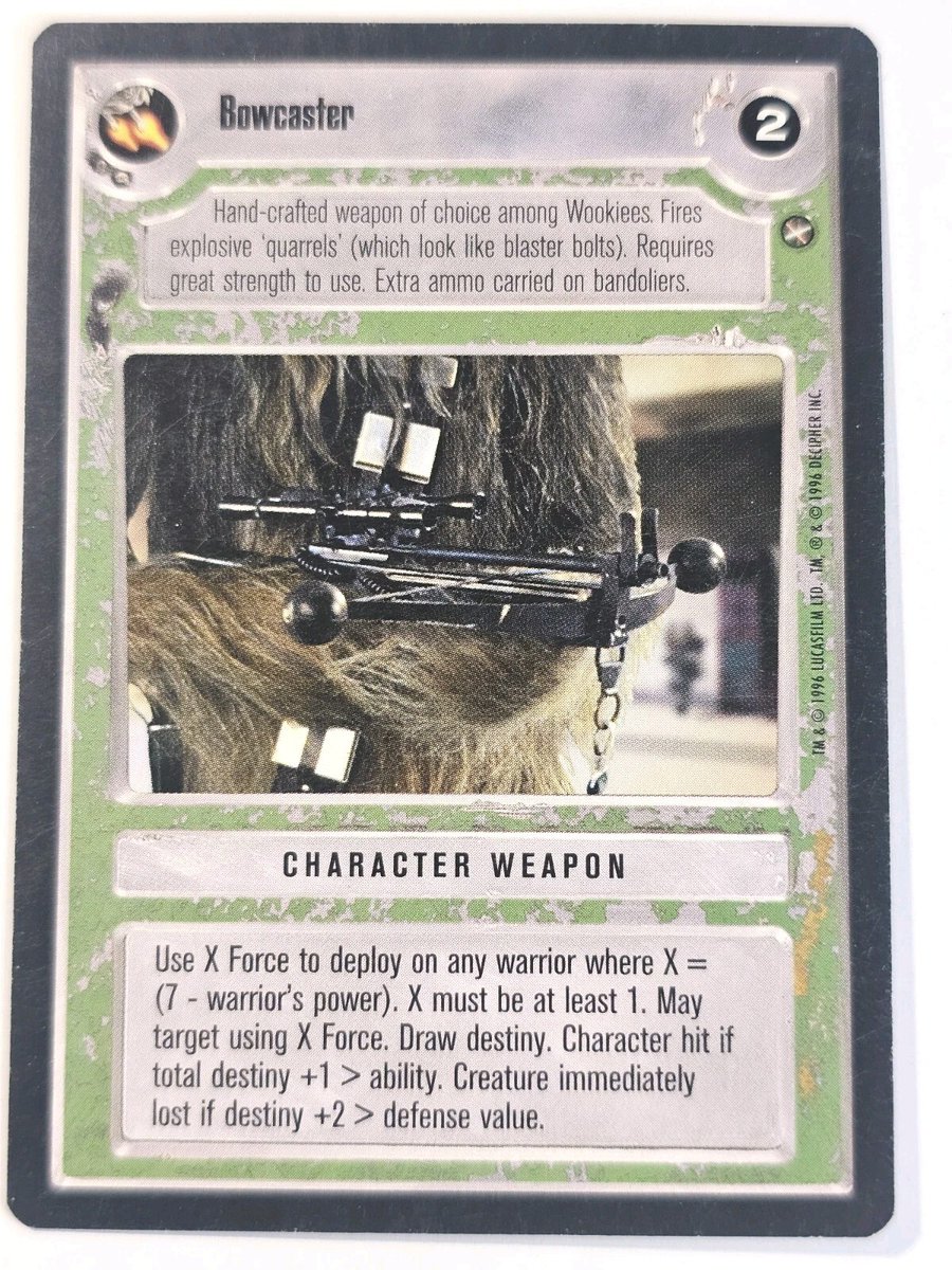 jadesfirecomics's tweet photo. Star Wars CCG Bowcaster Character Weapon Card 1996 Decipher We Combine Ship  https://t.co/lVrEFUEuwy #STARWARS #SWCCG #CCG #STARWARSDECIPHER #CCGSALE https://t.co/LLPydFh7Wh