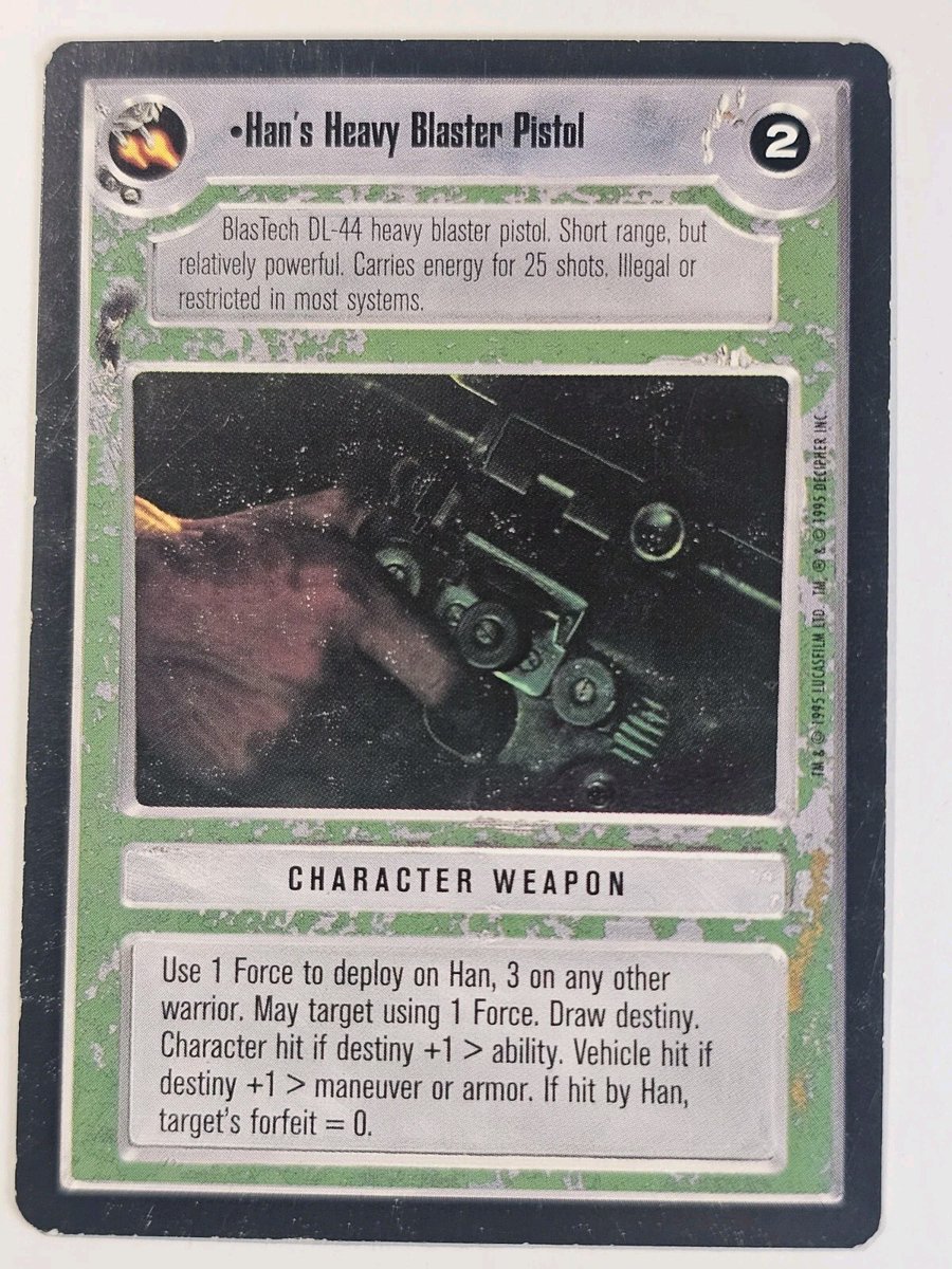 jadesfirecomics's tweet photo. Decipher Star Wars CCG Black Border HAN'S HEAVY BLASTER PISTOL Card SWCCG  https://t.co/IXPK4A5Tz1 #STARWARS #SWCCG #CCG #STARWARSDECIPHER #CCGSALE https://t.co/LvgLBsvLH6
