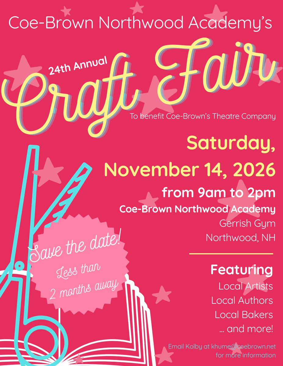 CoeBrownAcademy's tweet photo. Join us on November 14th, 9:00 AM–2:00 PM in the Gerrish Gym for the 24th Annual Coe-Brown Craft Fair! With 50+ vendors, there’s something for everyone! Bring friends and shop handmade!
Come out and support CBNA Theatre!
#cbna #bears #cbnapride #craftfair https://t.co/SOunJEJFbD