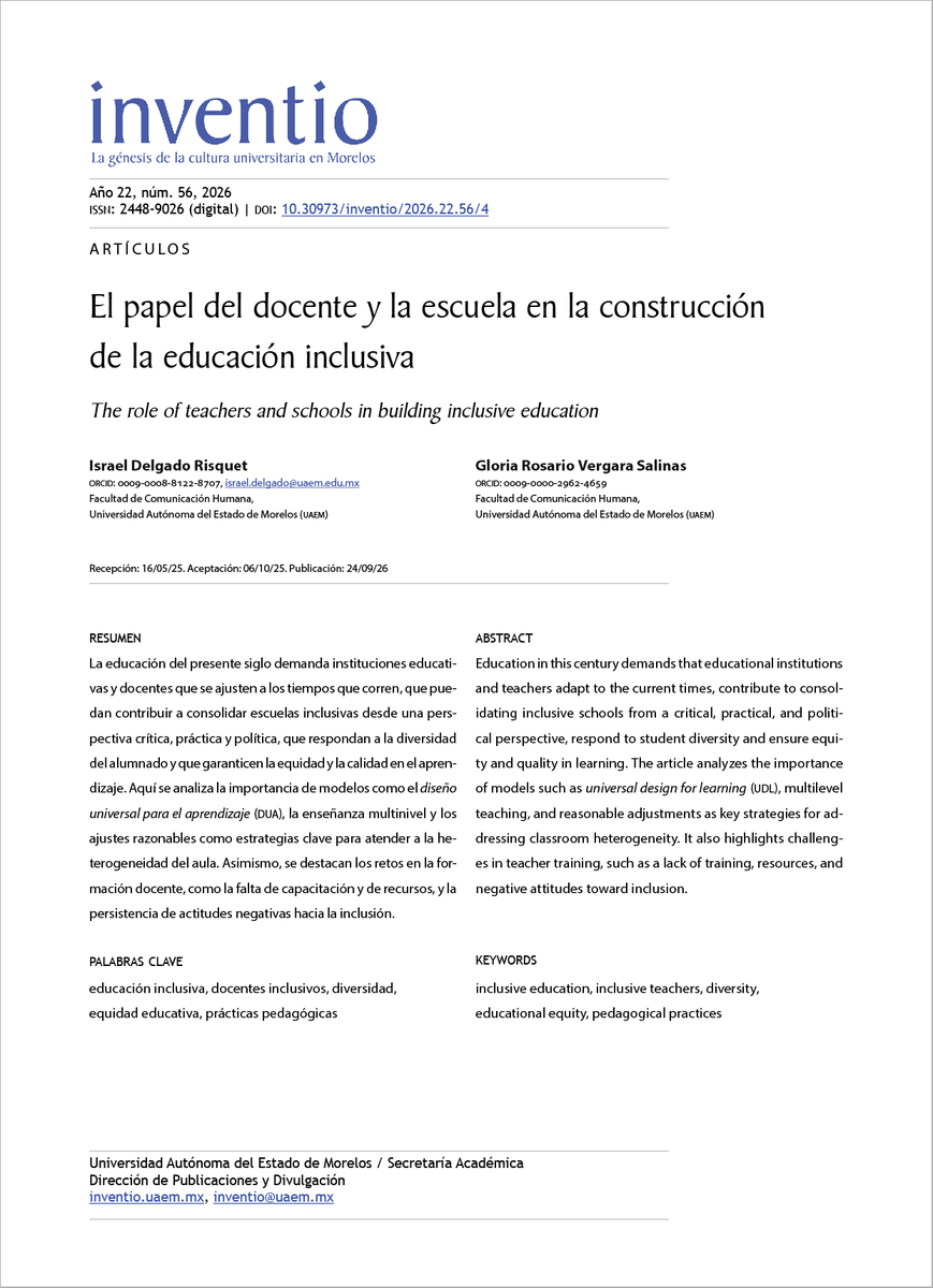 EdicionesUAEM's tweet photo. INVENTIO #RevistaDivulgación #multidisciplina
Revista Inventio / Vol. 22 núm. 56
"El papel del docente y la escuela en la construcción de la educación inclusiva"
Artículo completo 🔗
https://t.co/rEzZeCmAkB
@prensauaem https://t.co/bhrLI0yxf6