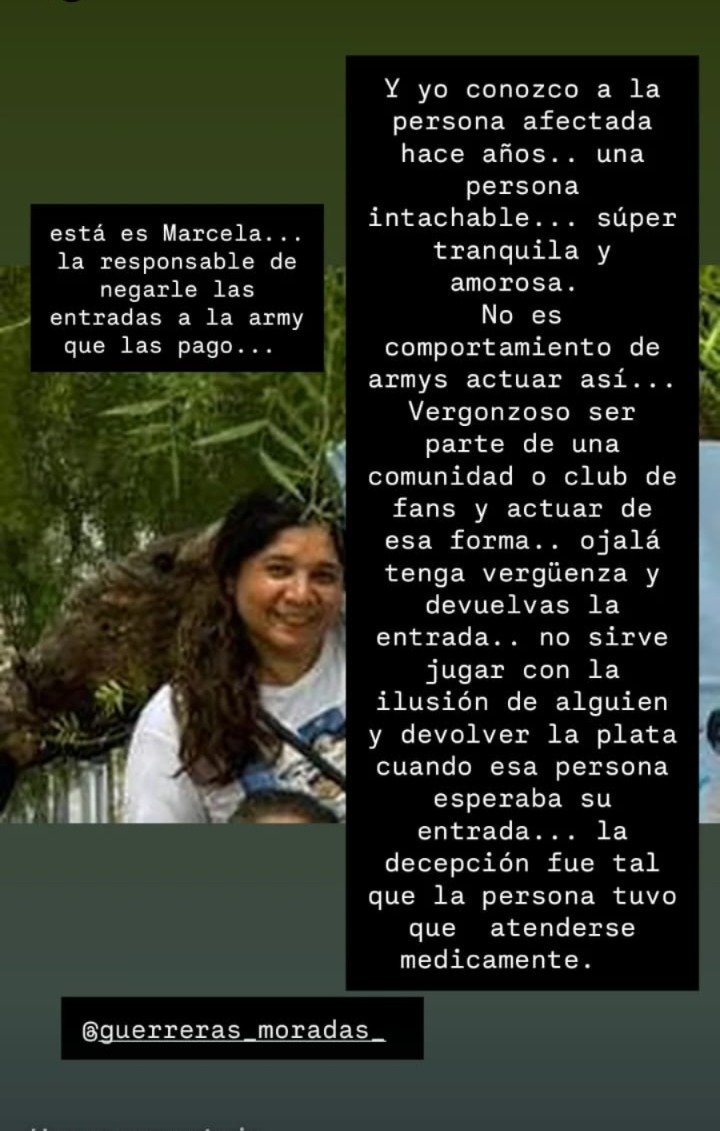 VanteHighLevel's tweet photo. A una ARMY d mi comunidad de 70 años, esta Marcela Sanchez q se dice ARMY se quedo con la entrada q habia comprado para ella, y le devolvio la plata. 
El argumento: no me defendiste cuando me atacaron (en alguna interna) de esa comunidad de falsas Guerreras Moradas. Den RT porfa https://t.co/Ppy2L7DyFw