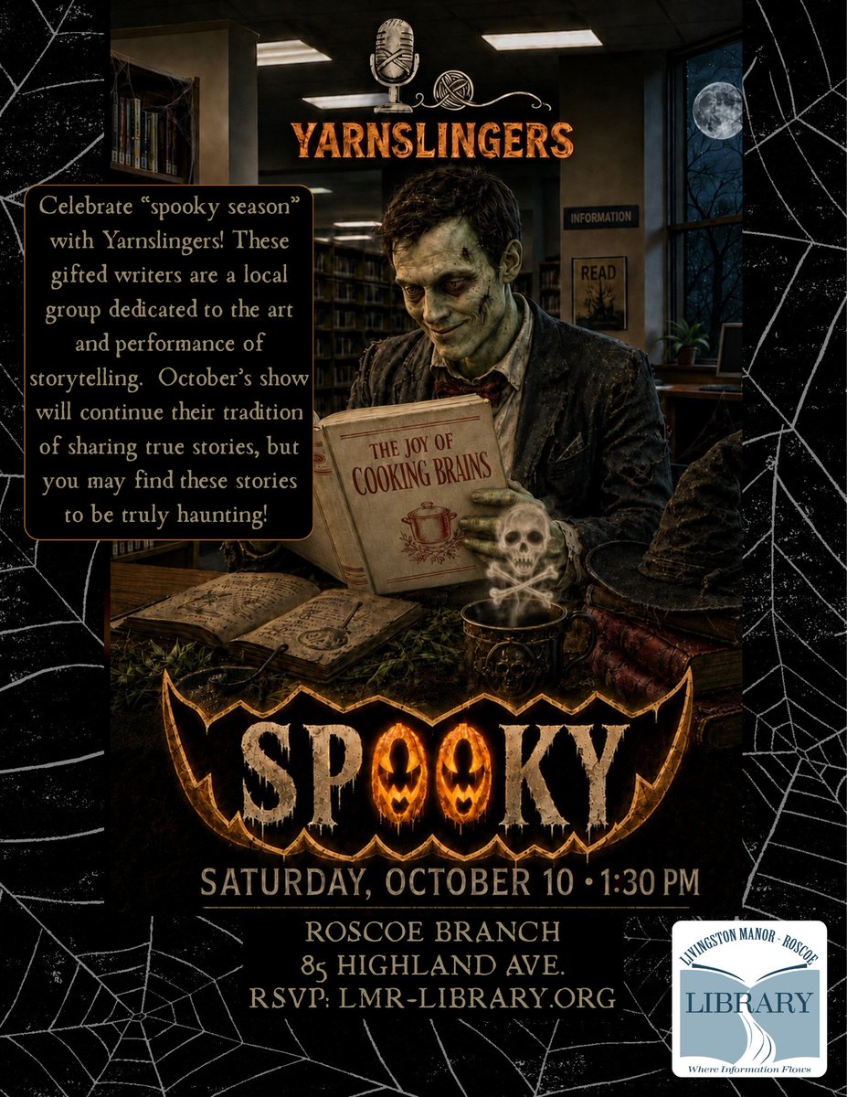 LMR_Library's tweet photo. Celebrate “spooky season” with Yarnslingers, a local group dedicated to the art and performance of storytelling. This show will continue the Yarnslingers' tradition of sharing true stories, but you may find these stories to be truly haunting!

RSVP at https://t.co/QmCGVuYRuW https://t.co/l2qsAN7WNV