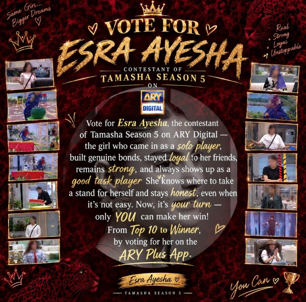 nonexist6774's tweet photo. From Top 10 to the TOP — VOTE ESRA.

#Tamasha5 #EsraAyesha @adnanactor https://t.co/c79HHSP6P0