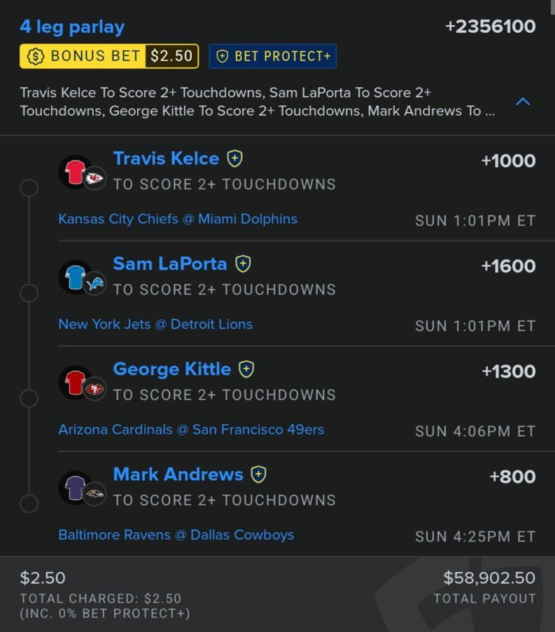 Mrbigbotwucd's tweet photo. $2.50 → $58,902.50 👀💰
2+ TDs for: 🏈 Travis Kelce 🏈 Sam LaPorta 🏈 George Kittle �� Mark Andrews
Would you tail this or fade it? 👀
@playbook https://t.co/xth5U6GDKj