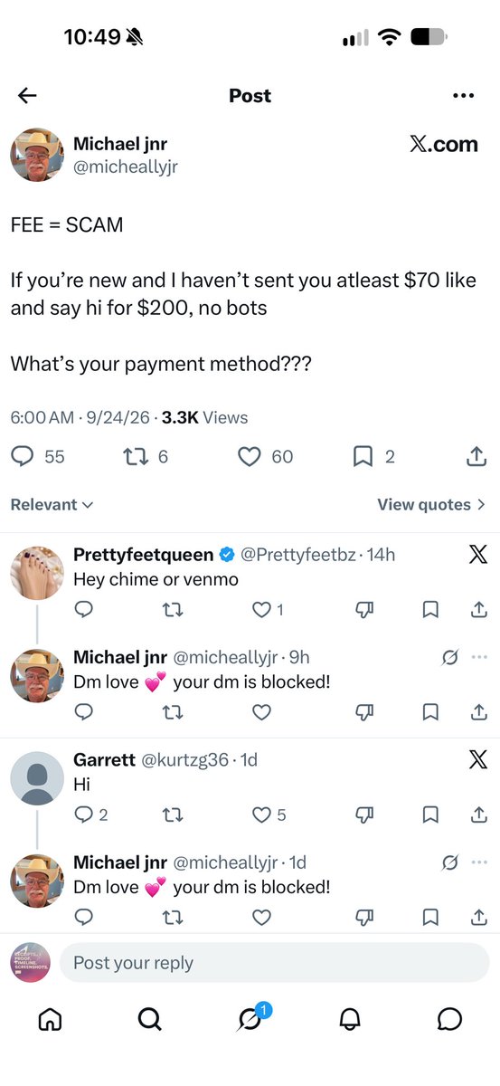 scamminghandles's tweet photo. I’ve recently noted a number of accounts claiming to be sending money to people, while implying that they are legitimate (by saying that fees are a scam).

While this is a true statement, it’s curious that accounts like @fiindommsub, @bradpiggy76, @xxxfindoms, and @micheallyjr, who all post things like this on a regular basis, are from Nigeria, not from the United States as they list in their profiles.