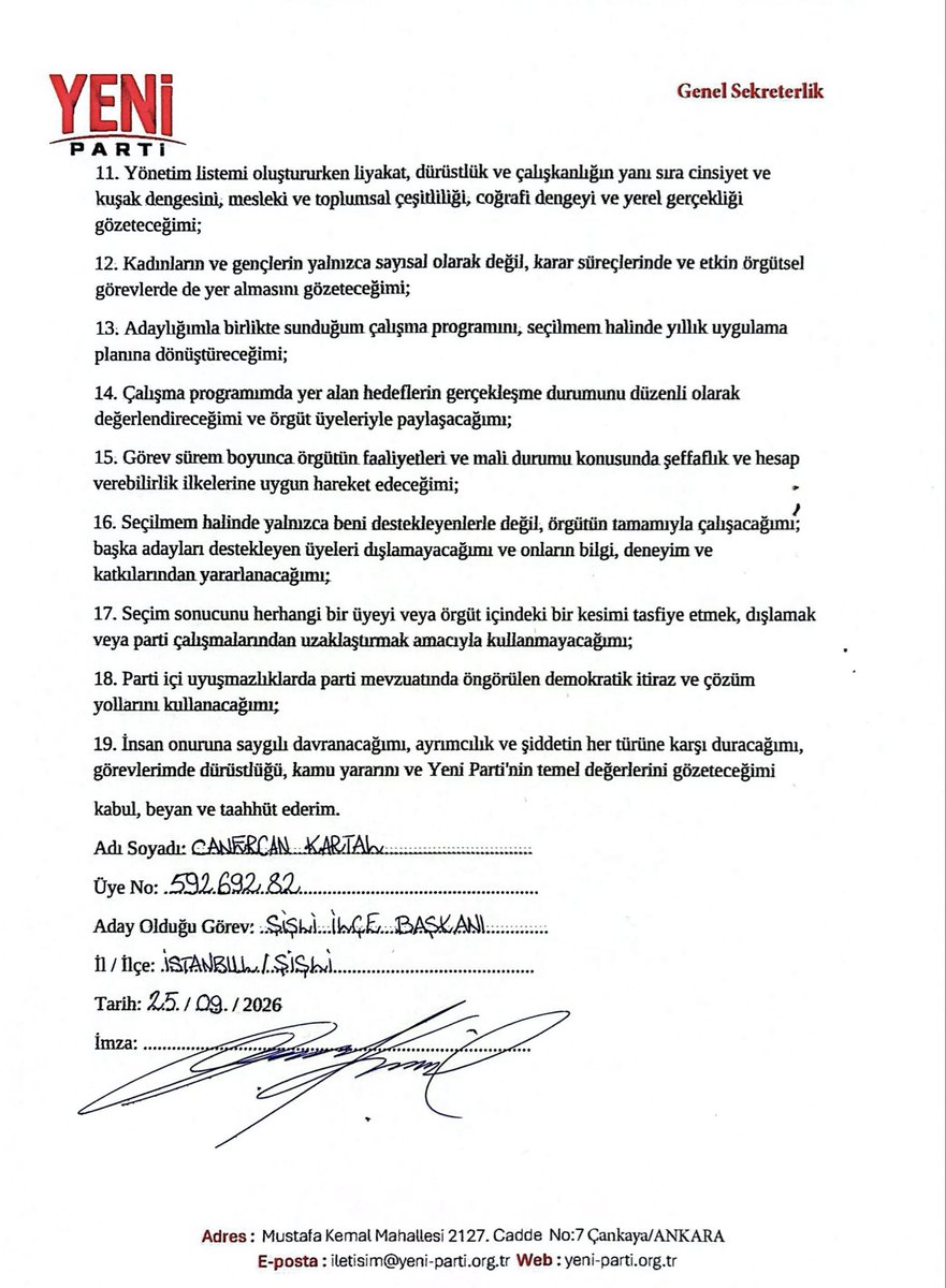 canercankartal's tweet photo. NEDEN ADAYIM?

Bize ortalama bir yaşamı dahi çok görenlere İNAT; ortaklarımızın doğrudan varoluşlarının renkleriyle, mücadele azimleriyle, birbirinden farklı hikâyeleriyle Ortak Gelecek’i kurmaya adayım.

Bizi hukuk ve kolluk zoruyla hapishanelere, baskı ve yıldırma zoruyla yalnızlığa ve bireyselleşmeye hapsetmek isteyenlere İNAT; her bir yurttaşımızın siyasete katılımı için irade göstermeye adayım.

Sesi kısılanın sesini büyütmeye, siyasetten uzaklaştırılanı siyasetin öznesi yapmaya adayım.

Annelerimize kaygı dayatanlara İNAT; onların kaygılandığı her gündemde olmaya, onların içini rahatlacak yerde durmaya adayım.

28 yaşında bir İlçe Başkanı adayı olarak; gençlere geleceksizlik dayatanlara İNAT; arkadaşlarımızın her isyanını duymaya, her itirazını tanımaya ve gelecek arayışlarına omuz vermeye adayım.

Şişli halkının haysiyetinin şahidiyiz.

O haysiyeti, o onurlu duruşu kendimize rehber alacağız. İrademizi tanımayanlara İNAT; kayyum düzeninin dayattığı onursuzluğu kabul etmedik, etmeyeceğiz.

Haysiyetimiz için mücadele etmeye adayım.