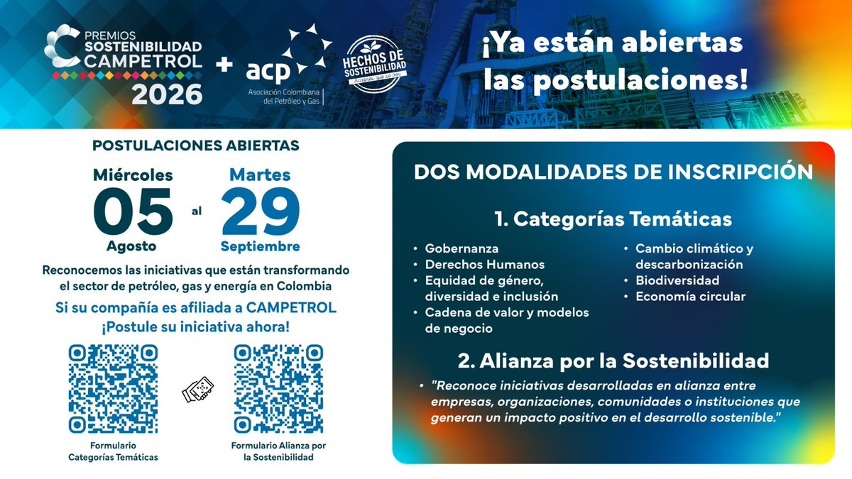 campetrol's tweet photo. 🚨🌱 ¡ATENCIÓN! AMPLIAMOS EL PLAZO DE POSTULACIÓN HASTA EL 29 DE SEPTIEMBRE 🏆

¡Todavía hay tiempo! 🙌

Los Premios de Sostenibilidad CAMPETROL + ACP 2026 extienden su convocatoria para que más iniciativas que están generando un impacto positivo en el sector de petróleo, gas y energía puedan ser reconocidas.

📅 Nueva fecha límite: 29 de septiembre de 2026

Selecciona la modalidad que mejor represente tu iniciativa y completa tu postulación:

🌱 Categorías Temáticas (para empresas afiliadas a CAMPETROL):
 🔗 https://t.co/Z19sNzzbHx
 
🤝 Alianza por la Sostenibilidad: iniciativas desarrolladas de manera conjunta entre dos o más organizaciones de la industria.
 🔗 https://t.co/Z19sNzzbHx 

✨ Si aún no te has postulado, esta es la oportunidad. Queremos conocer y reconocer esas iniciativas que demuestran, con hechos, el compromiso del sector con la sostenibilidad.

📣 ¡Postúlate antes del 29 de septiembre! 

#PremiosSostenibilidad2026 #CAMPETROL #ACP #Sostenibilidad #HechosDeSostenibilidad