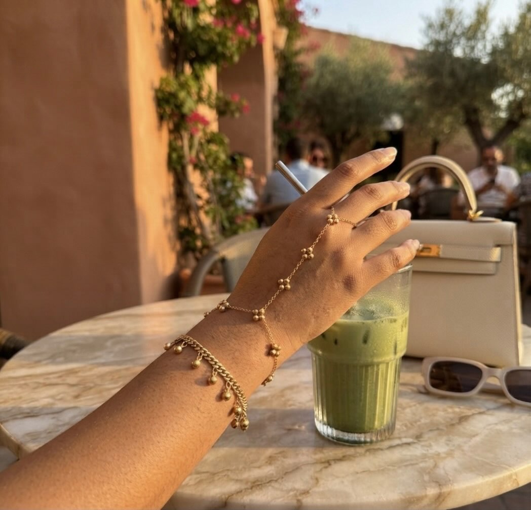 alejandro882010's tweet photo. No plans for the afternoon. The jewellery had other ideas. Golden light, cold matcha, the Ravi Hand Chain and Ravi Bracelet made an ordinary table the whole mood. https://t.co/SboR9sPB5c