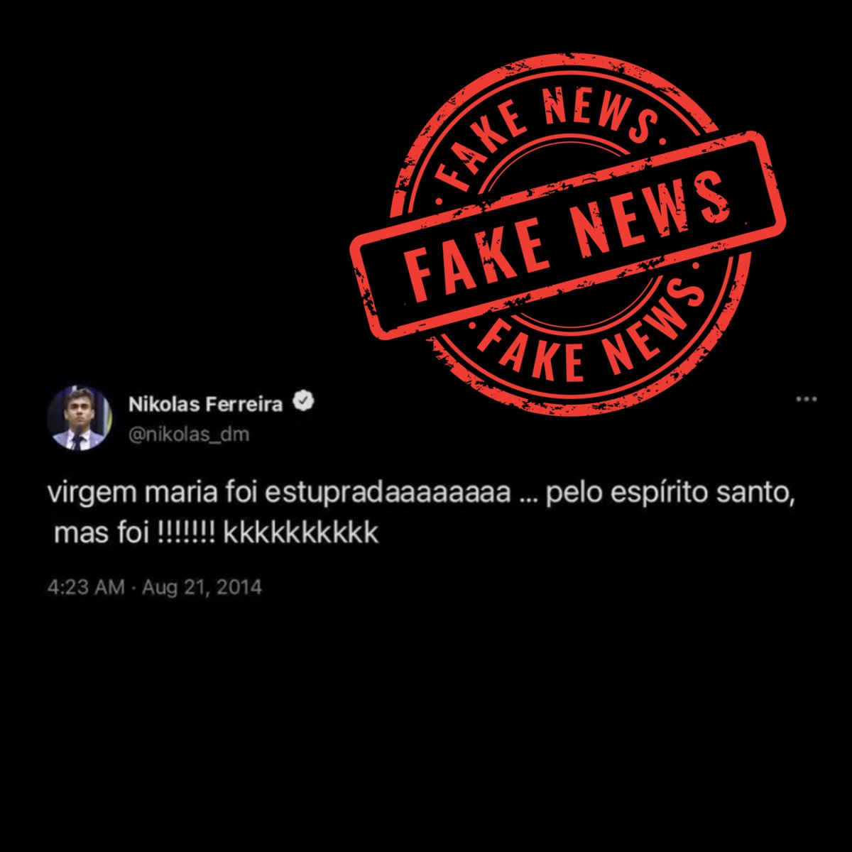 bralternativo_'s tweet photo. 🇧🇷❌ FAKE NEWS: É falso o suposto print que circula nas redes em que o deputado Nikolas Ferreira atacaria a Virgem Maria.

A postagem não possui ID, link, cache ou registro no Wayback Machine, e também não é encontrada em buscas no X ou em arquivos digitais.

Quando tweets antigos do deputado (de 2012 a 2014) foram resgatados, esse conteúdo não constava em nenhuma matéria jornalística.