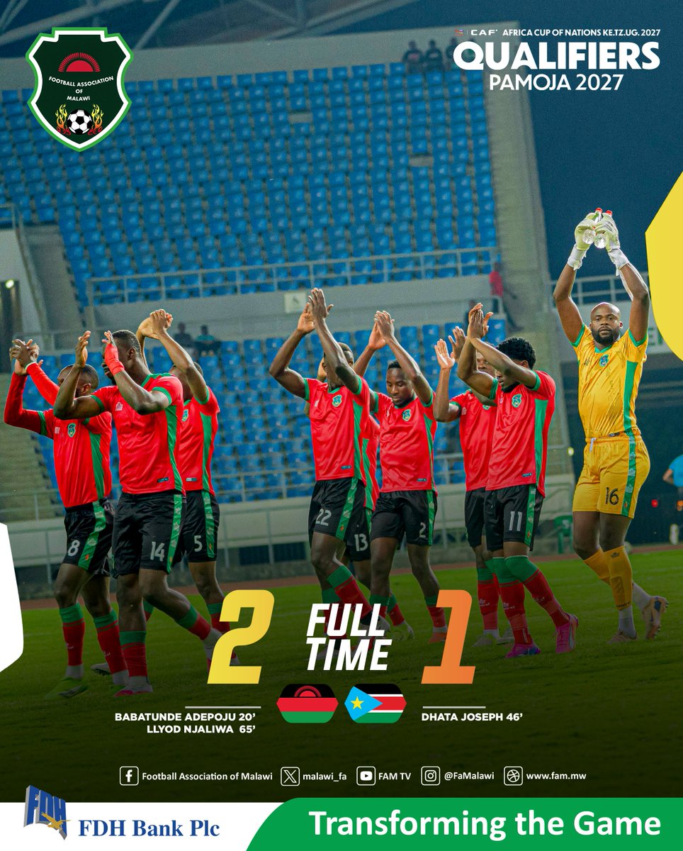 FaMalawi's tweet photo. FT | Malawi 2-1 South Sudan

The Flames begin their qualification journey with a win at Bingu National Stadium. https://t.co/0V9wWzEq3J