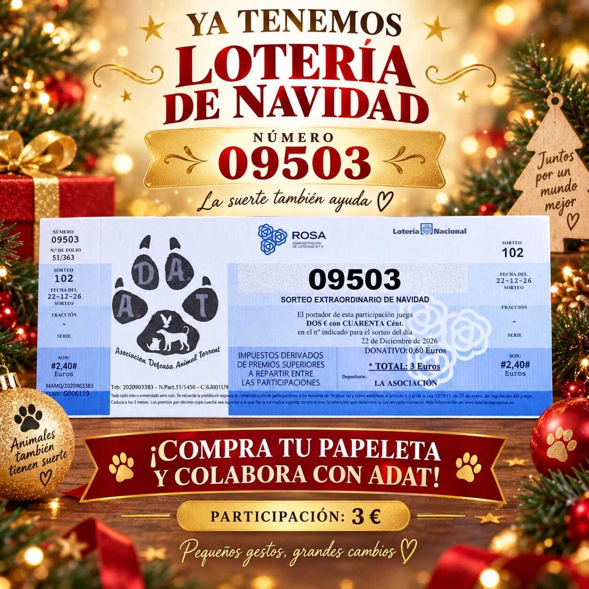 AsociacionADAT's tweet photo. 🎄✨ ¡Ya tenemos Lotería de Navidad de ADAT! ✨🎄

🍀 Número 09503
🎟️ Participación: 3 €

Con tu papeleta ayudas a seguir cuidando, alimentando y atendiendo a los animales de ADAT. 🐾❤️

📲 Consigue la tuya por WhatsApp:

 627 62 78 35

#Torrent #LoteríaDeNavidad #ADAT https://t.co/WUSzrq5e5t