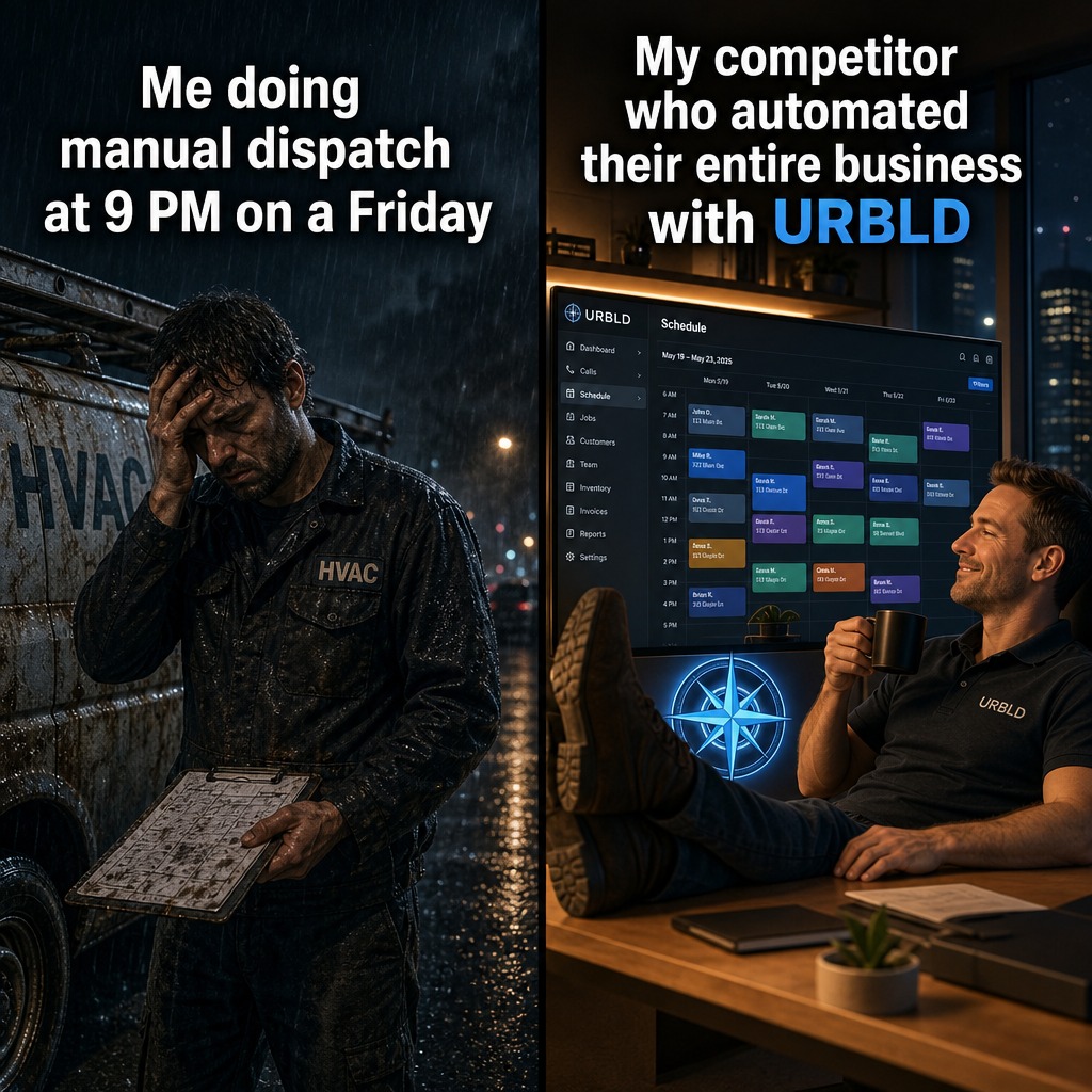 URBLDllc's tweet photo. Grinding through manual dispatch at 9 PM on a Friday isn't a flex. It's a bottleneck.

While you're holding a wet clipboard in the rain, your competitor is sitting back with automated routing. Stop fighting the chaos. Start scaling with URBLD.

#FieldService https://t.co/2iMo48UxgY