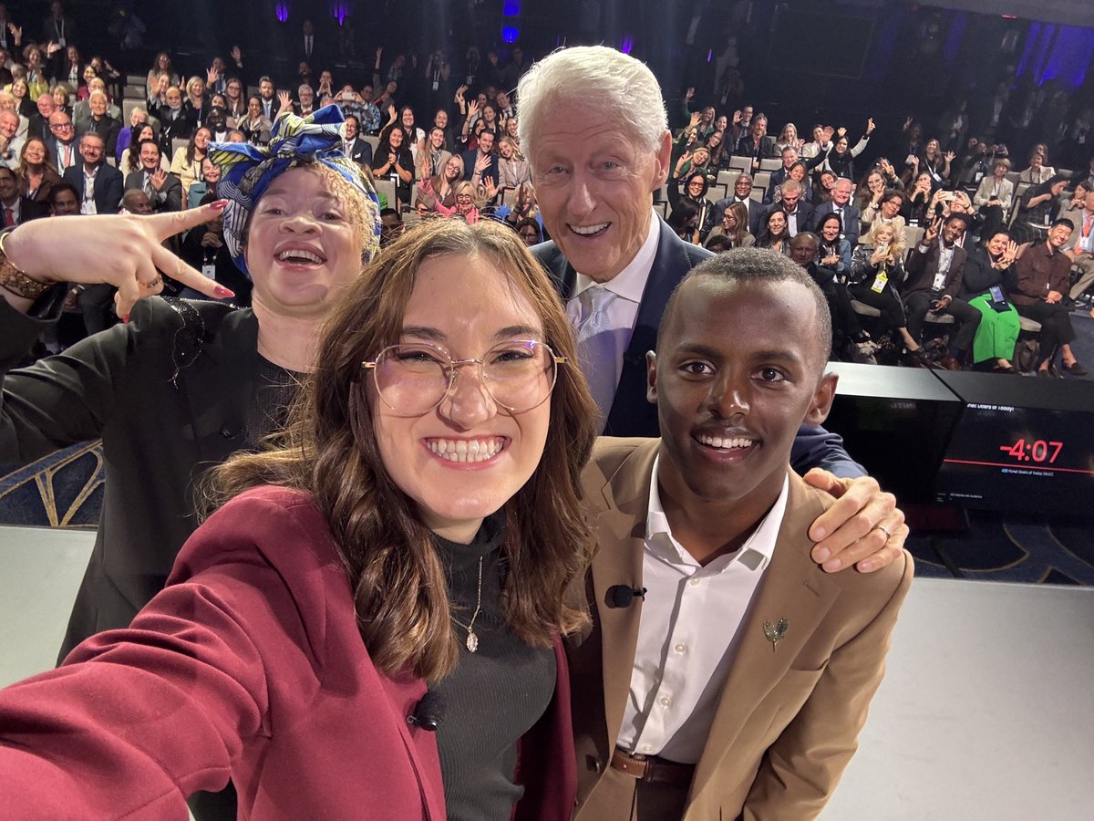 BillClinton's tweet photo. I learned a lot from these three remarkable young leaders at #CGI2026 — including that you never leave the stage without taking a selfie. The future looks bright. https://t.co/sPv37p5aAv