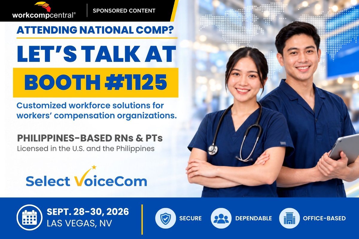 WorkCompCentral's tweet photo. National Comp is almost here!

Meet Select VoiceCom at Booth 1125, Sept. 28–30 in Las Vegas, to explore scalable workforce solutions—including Philippines-based RNs and PTs licensed in the U.S. and the Philippines.

https://t.co/B3N6sW0hK0 https://t.co/9VevhtooC2