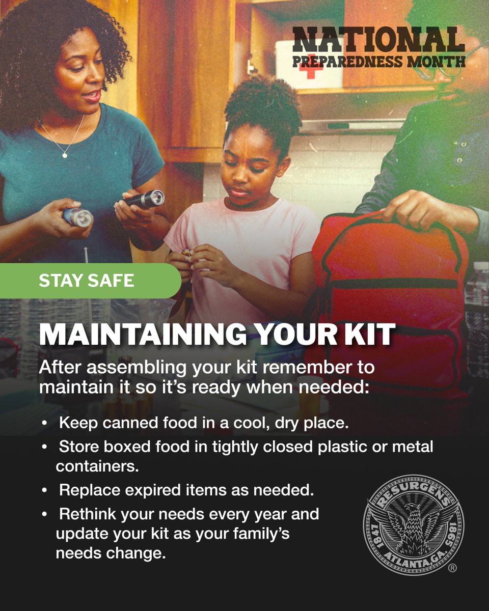 CityofAtlanta's tweet photo. Atlanta, building an emergency kit is just the first step.

Check your supplies regularly, replace expired items and update your kit as your household’s needs change.A little maintenance now can help make sure your kit is ready when you need it. https://t.co/D7bCfXZ1Wg