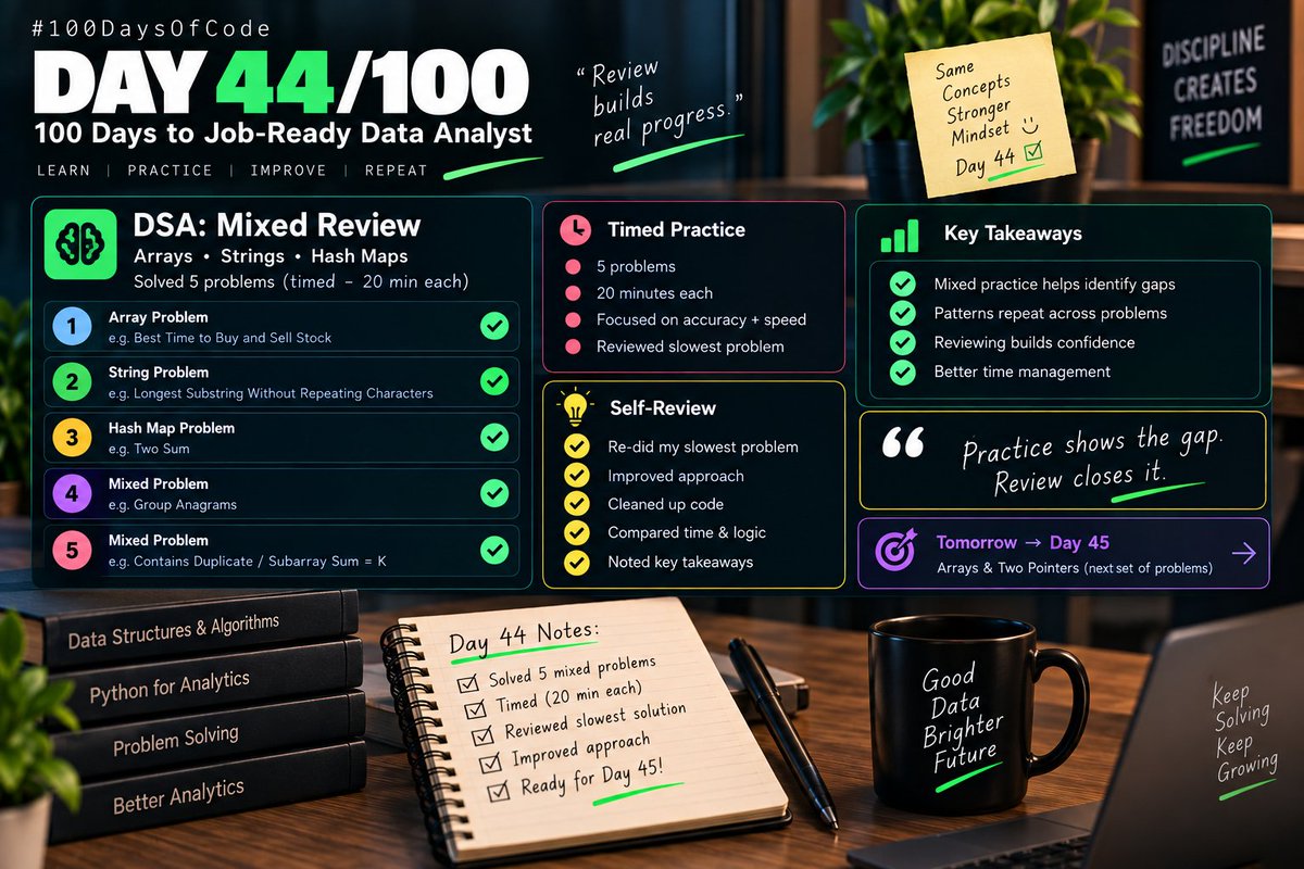 Chiranjeeb_Ku_'s tweet photo. Day 44/100 — DSA 🧠

Mixed review: arrays, strings &amp; hash maps.

Solved 5 timed problems and revisited my slowest solution.

Key insight: Practice shows the gap. Review closes it.

#100DaysOfData #DataAnalyst https://t.co/xni5GJvioV