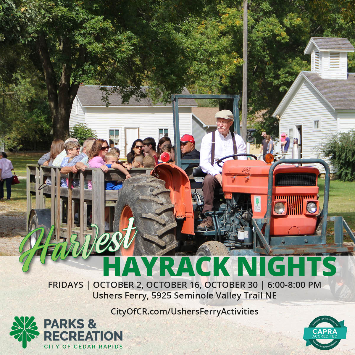 CityofCRiowa's tweet photo. 🍂 LAST CALL for Harvest Hayrack Nights! Register today for the October 2 evening at Ushers Ferry with a hayrack ride, marshmallows, a craft, card games and free popcorn.
 
 Ages 5+ with an adult. $8 resident/$9 non-resident.
 
 https://t.co/Vh41gNI44X
 
 #PlayCR https://t.co/FrcXVDwNsv