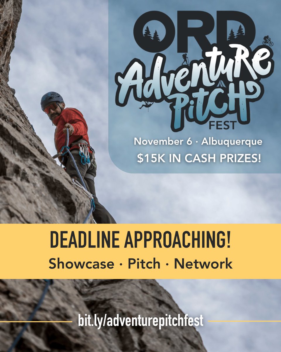 NMoutdoorrec's tweet photo. ⏰ Less than one week to apply for Adventure Pitch Fest! Put your NM-based business or organization in the spotlight at this year’s event. Anyone can apply to showcase &amp; for-profit businesses are eligible to apply to pitch for a chance at $15k! Apply now: https://t.co/mCIHSQcGvP. https://t.co/mUTqZ23F8Y