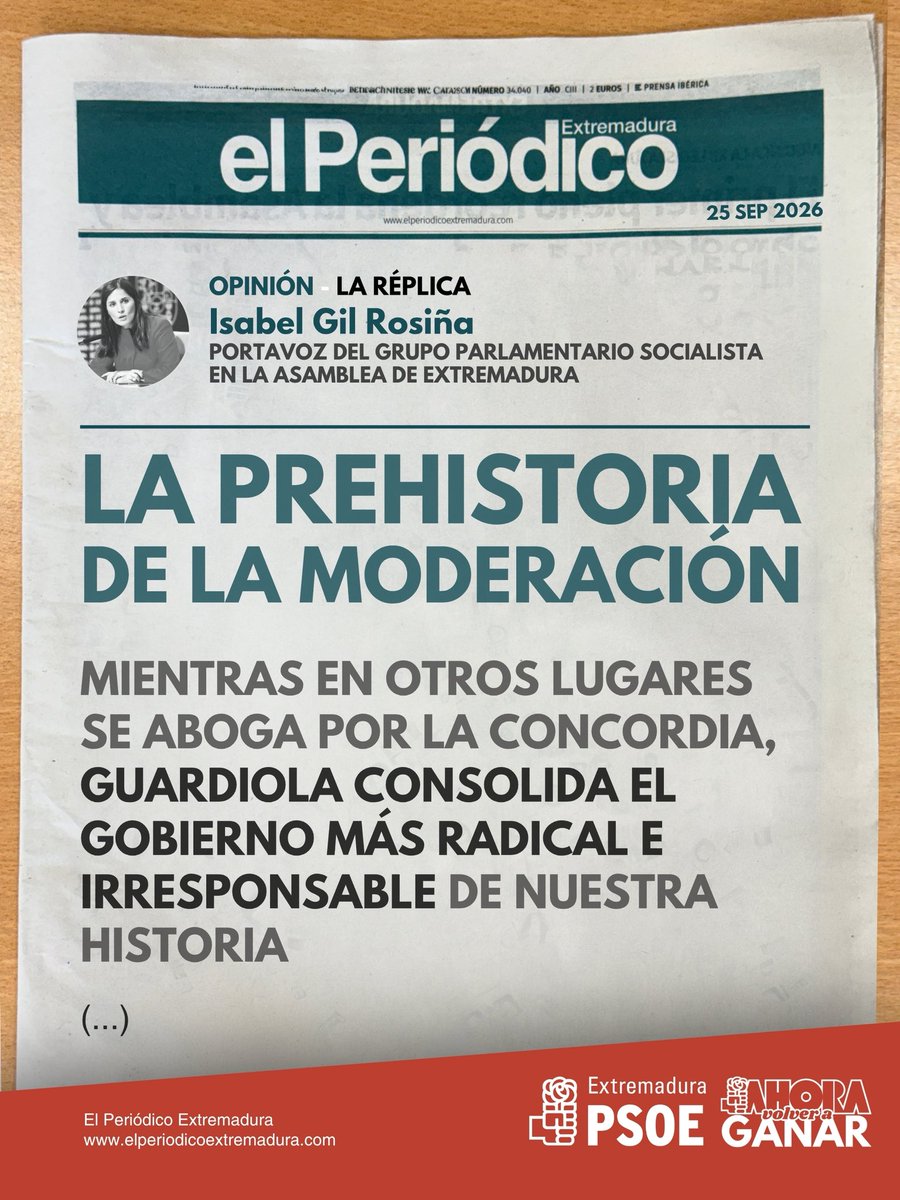 GPSocialistaExt's tweet photo. ✍🏻@gilrosinha en #LaRéplica: Frente al ruido y el atrincheramiento ideológico, el PSOE defiende una Extremadura sensata y dialogante y la política que prioriza a las personas frente al postureo, al ruido, a la crispación y al desprecio institucional.

🗞️ https://t.co/yt5u4RTCnn https://t.co/RKjDNZ9wq7