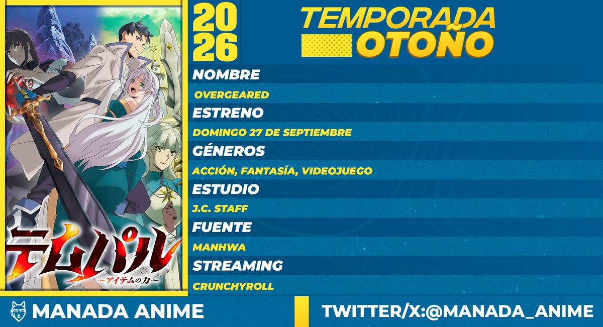 Manada_Anime's tweet photo. Aquí os dejamos la guía de TODOS los animes de la temporada de otoño 2026!!!   

Un like ❤️ y un 🔃 RT se agradecería 😊

Sus nombres, sus estudios, que días salen y en que plataforma se pueden ver!!!  

¿Cuáles son los animes que más les interesan? Comenten 👀 https://t.co/UmwWMklzcq