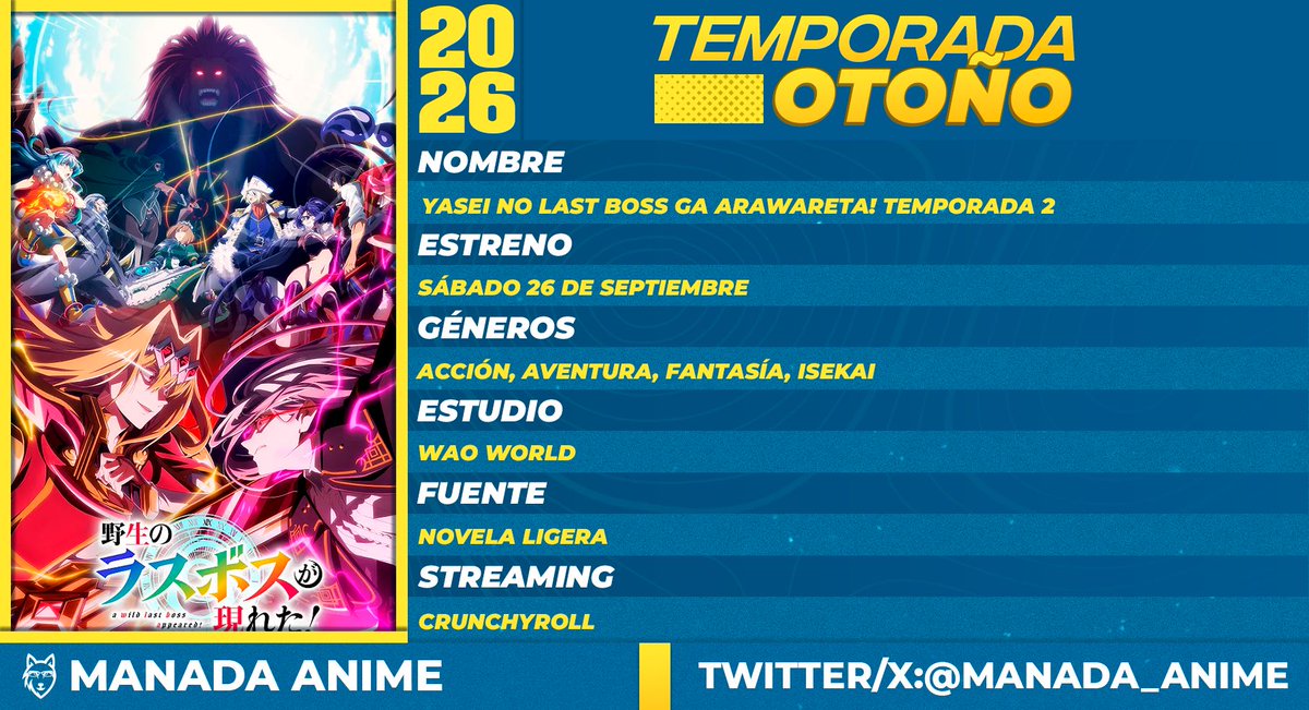 Manada_Anime's tweet photo. Aquí os dejamos la guía de TODOS los animes de la temporada de otoño 2026!!!   

Un like ❤️ y un 🔃 RT se agradecería 😊

Sus nombres, sus estudios, que días salen y en que plataforma se pueden ver!!!  

¿Cuáles son los animes que más les interesan? Comenten 👀 https://t.co/UmwWMklzcq