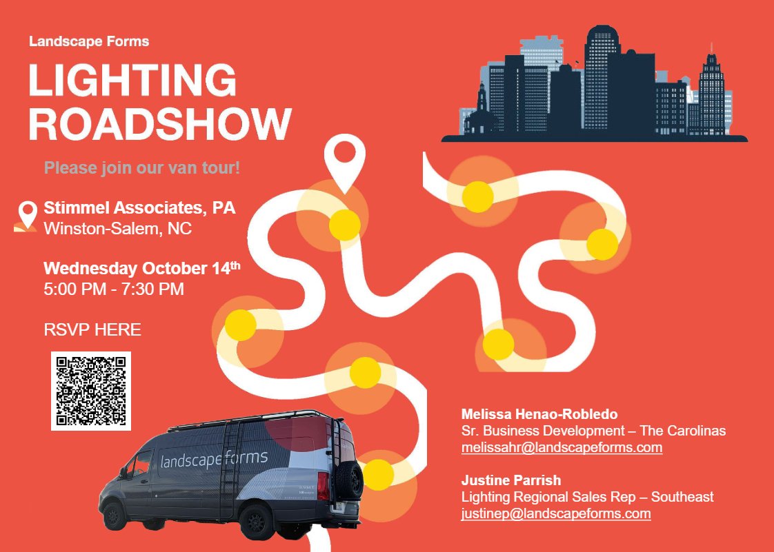 NC_ASLA's tweet photo. The Landscape Forms lighting van is coming to Stimmel Associates! Explore innovative lighting solutions that promote well-being by connecting indoor and outdoor spaces. 

Please register here: https://t.co/uzCSQ0MgJX https://t.co/voojlkpzv0