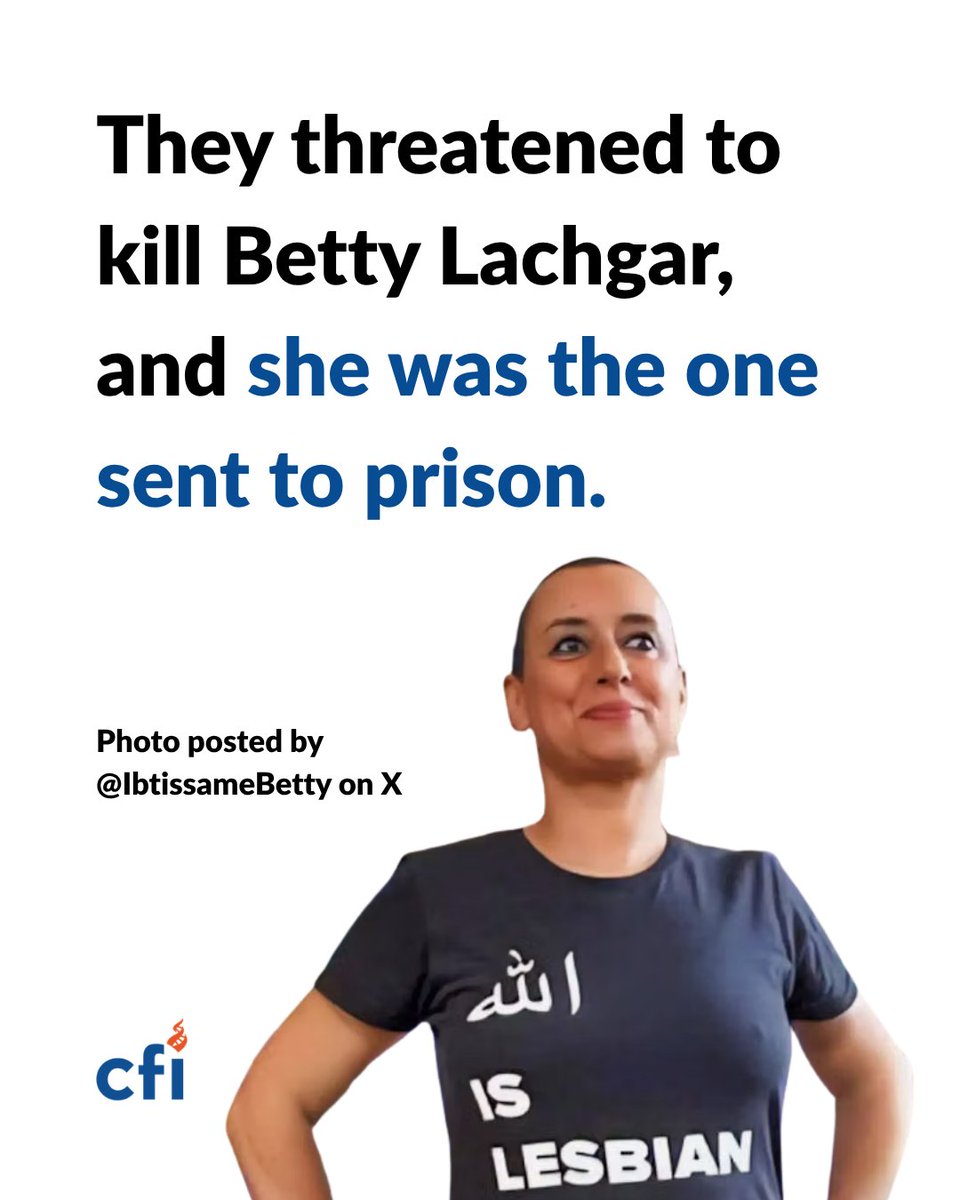 center4inquiry's tweet photo. Betty Lachgar (@IbtissameBetty) posted a T-shirt photo. People threatened to kill her. Morocco sentenced her to 30 months in prison. Those who threatened her were not jailed.

CFI raised her case at the UN Human Rights Council: https://t.co/b2ojc4bLDG https://t.co/lhJ6G6E4nJ