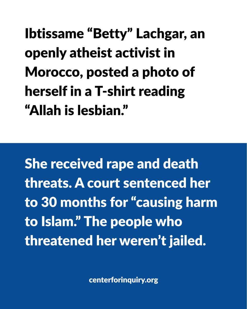 center4inquiry's tweet photo. Betty Lachgar (@IbtissameBetty) posted a T-shirt photo. People threatened to kill her. Morocco sentenced her to 30 months in prison. Those who threatened her were not jailed.

CFI raised her case at the UN Human Rights Council: https://t.co/b2ojc4bLDG https://t.co/lhJ6G6E4nJ