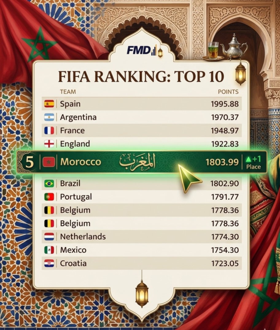 BeddaJaouad's tweet photo. 🇲🇦 أسود الأطلس يقتحمون الخمسة الكبار عالمياً! 🦁

رسمياً، المنتخب المغربي يحلق في المركز الخامس عالمياً برصيد 1803.99 نقطة في تصنيف الفيفا 📈 https://t.co/rwEz26Zc2k