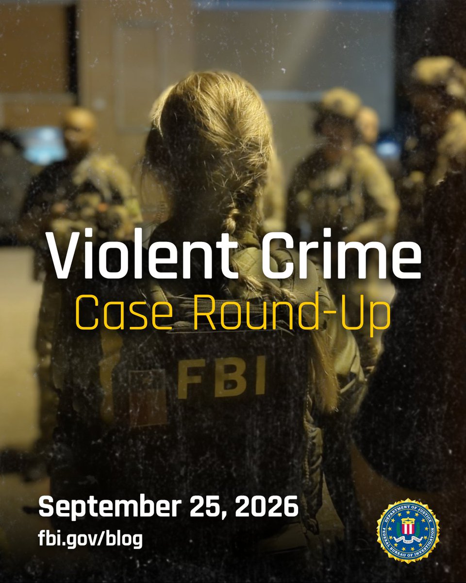 FBI's tweet photo. The FBI plays a crucial role in combating violent crime nationwide. Read this recent round-up of violent crime stories: https://t.co/WH5Wx86DmT

This week's blog features cases from:  @FBIMiamiFL,  @FBILouisville @FBISanFrancisco, @FBIIndianapolis, and @FBIJacksonville https://t.co/caydBjRn4O