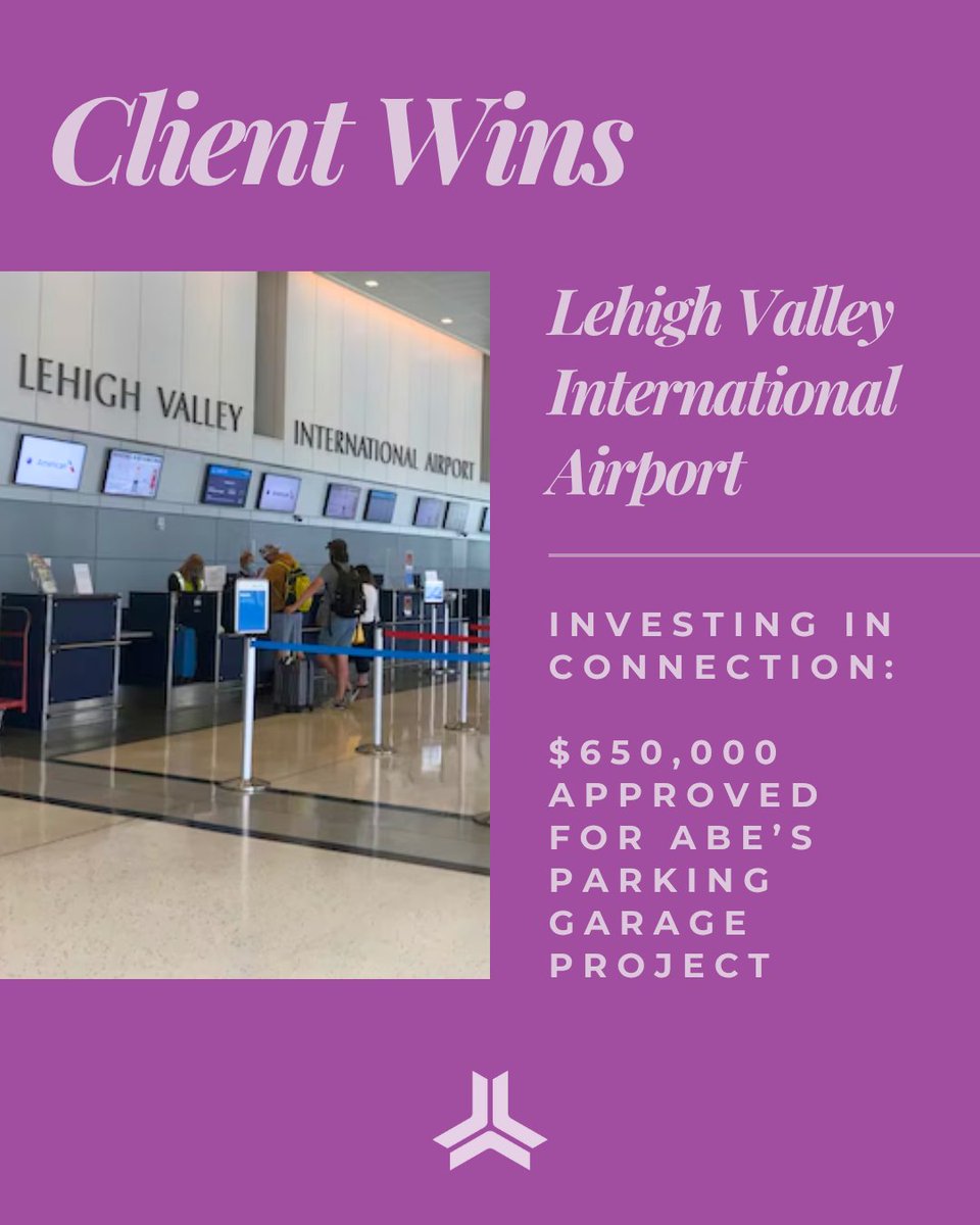 TriadStrategies's tweet photo. Congratulations to Lehigh Valley International Airport @FlyABE_ on receiving $650,000 in CFA funding!

The funding will support ABE’s planned new parking garage, helping expand capacity and improve convenience for travelers as the airport continues to grow.

#FlyABE #LehighValley https://t.co/7t0TVHhgHg