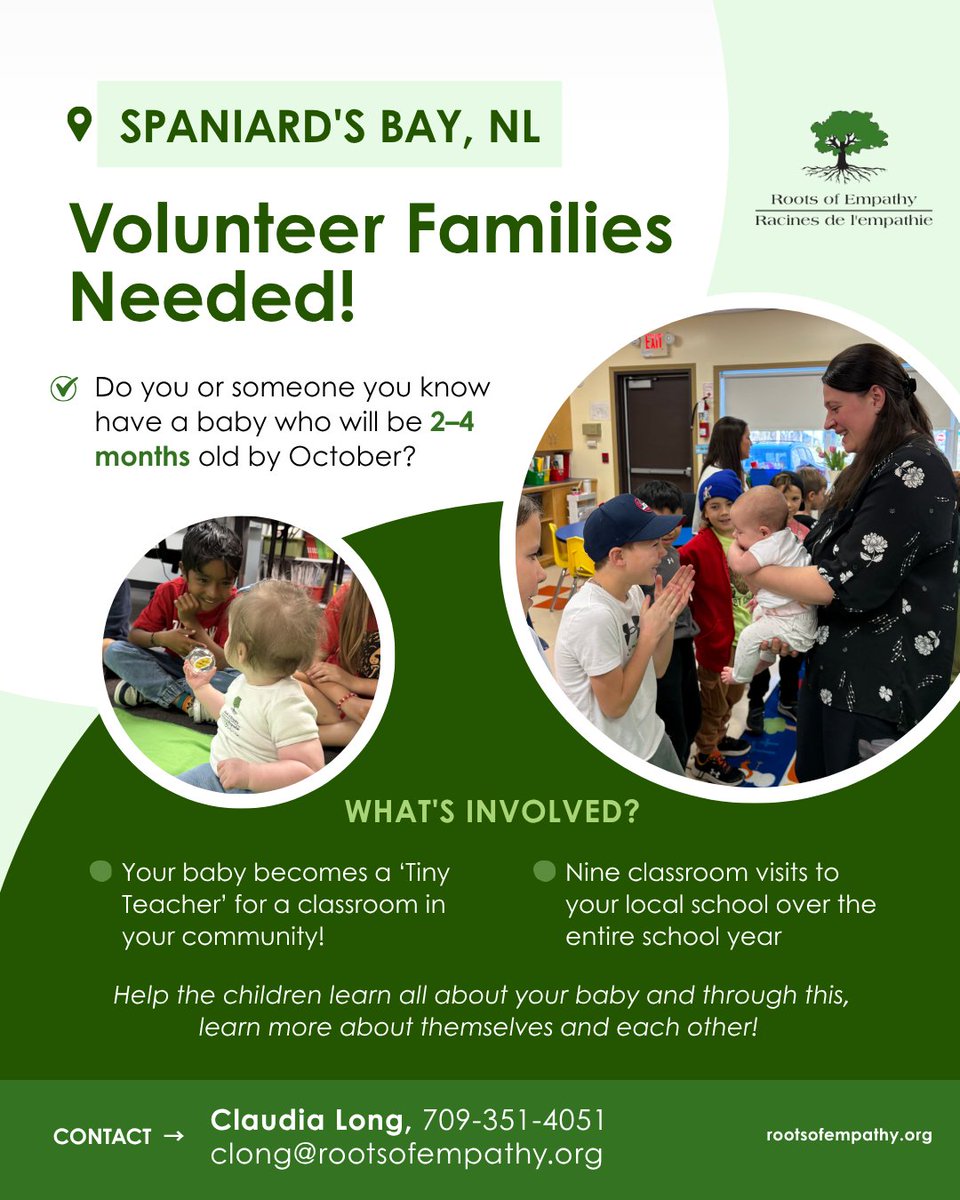 RootsofEmpathy's tweet photo. Newfoundland &amp; Labrador families, we’re looking for more 'Tiny Teachers'! 👶 Do you or someone you know have a baby aged 2-4 months?

For more information, contact: Claudia Long at clong@rootsofempathy.org or 709-351-4051

https://t.co/MHSjdbhgeI

@NLSchoolsCA https://t.co/wTElPmJIml