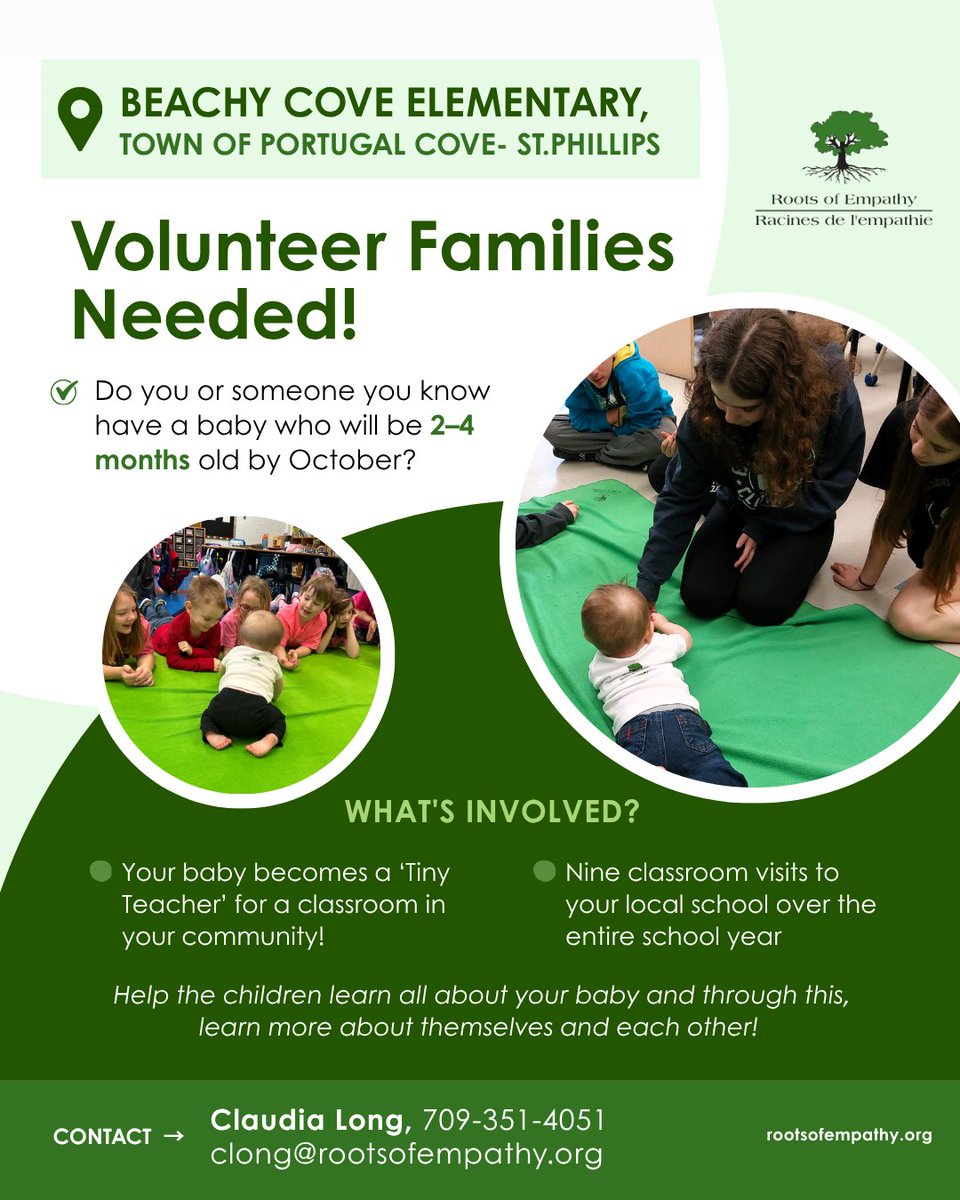 RootsofEmpathy's tweet photo. Newfoundland &amp; Labrador families, we’re looking for more 'Tiny Teachers'! 👶 Do you or someone you know have a baby aged 2-4 months?

For more information, contact: Claudia Long at clong@rootsofempathy.org or 709-351-4051

https://t.co/MHSjdbhgeI

@NLSchoolsCA https://t.co/wTElPmJIml