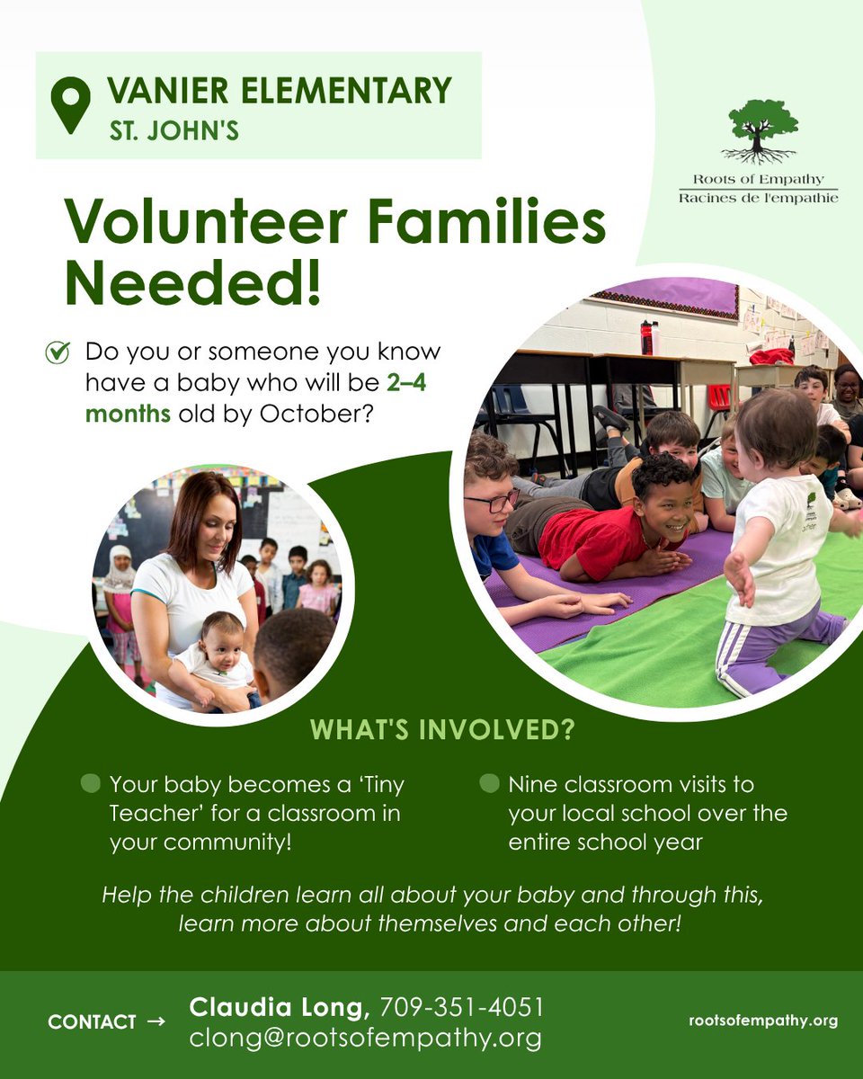 RootsofEmpathy's tweet photo. Newfoundland &amp; Labrador families, we’re looking for more 'Tiny Teachers'! 👶 Do you or someone you know have a baby aged 2-4 months?

For more information, contact: Claudia Long at clong@rootsofempathy.org or 709-351-4051

https://t.co/MHSjdbhgeI

@NLSchoolsCA https://t.co/wTElPmJIml
