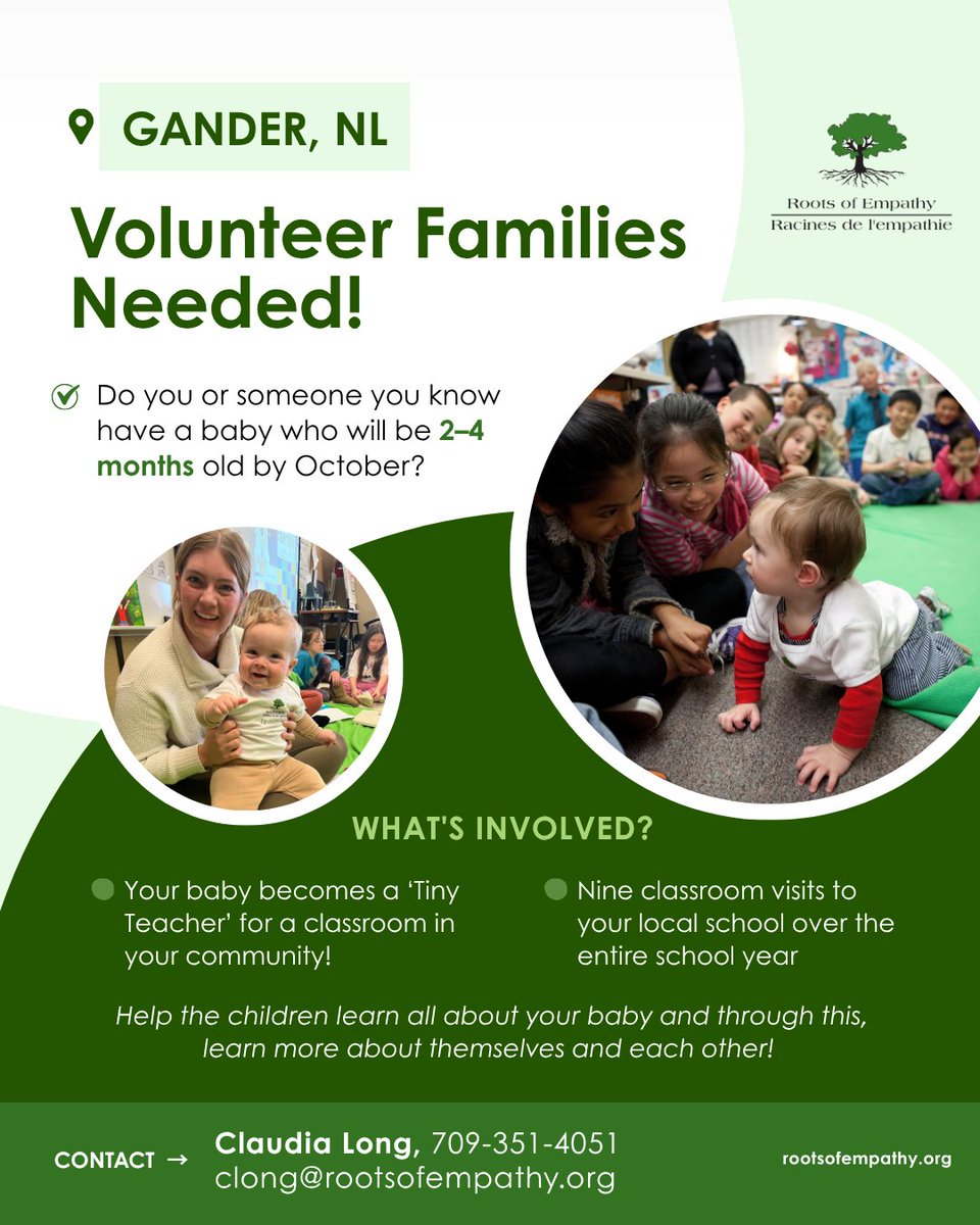 RootsofEmpathy's tweet photo. Newfoundland &amp; Labrador families, we’re looking for more 'Tiny Teachers'! 👶 Do you or someone you know have a baby aged 2-4 months?

For more information, contact: Claudia Long at clong@rootsofempathy.org or 709-351-4051

https://t.co/MHSjdbhgeI

@NLSchoolsCA https://t.co/wTElPmJIml