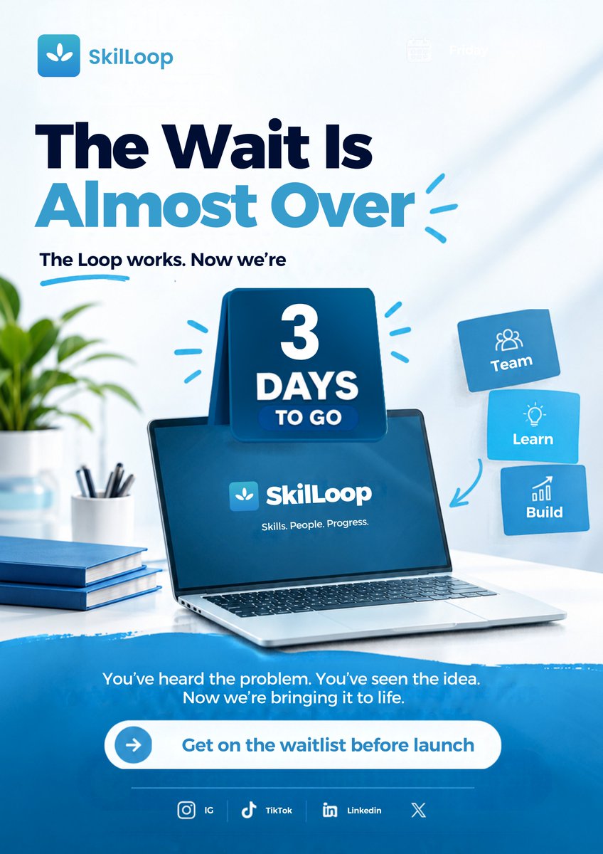 SkilLoop0's tweet photo. The journey continues and we are just 3 days away from the official launch of skilLoop!
A platform where skills meet opportunities, talent meets visibility and learning meets earning.
Sign up to our wait-list NOW: https://t.co/71PC1TkrPc
#skilLoop #3DaysToGo #skilLoopLaunch https://t.co/qlke4bvDhT
