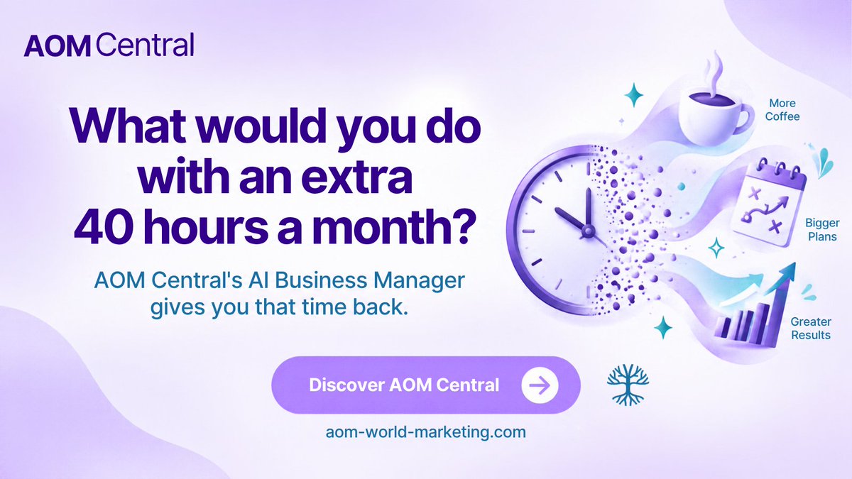 AomMarketing's tweet photo. What would you do with an extra 40 hours a month? 
AOM Central's AI Business Manager gives you that time back. 
Discover AOM Central → https://t.co/gSJPaFx1mh
#AOMCentral #TimeBack #ProductivityHacks https://t.co/3yi2OUuJap