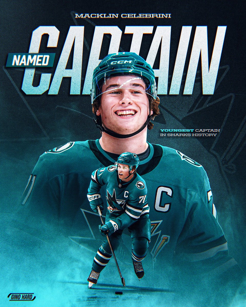 GinoHard_'s tweet photo. CAPTAIN MACK 🫡🦈

Macklin Celebrini has been named captain of the San Jose Sharks at just 20 years old.

He’s coming off a 45-goal, franchise-record 115-point season. https://t.co/tBQDeI8cBI