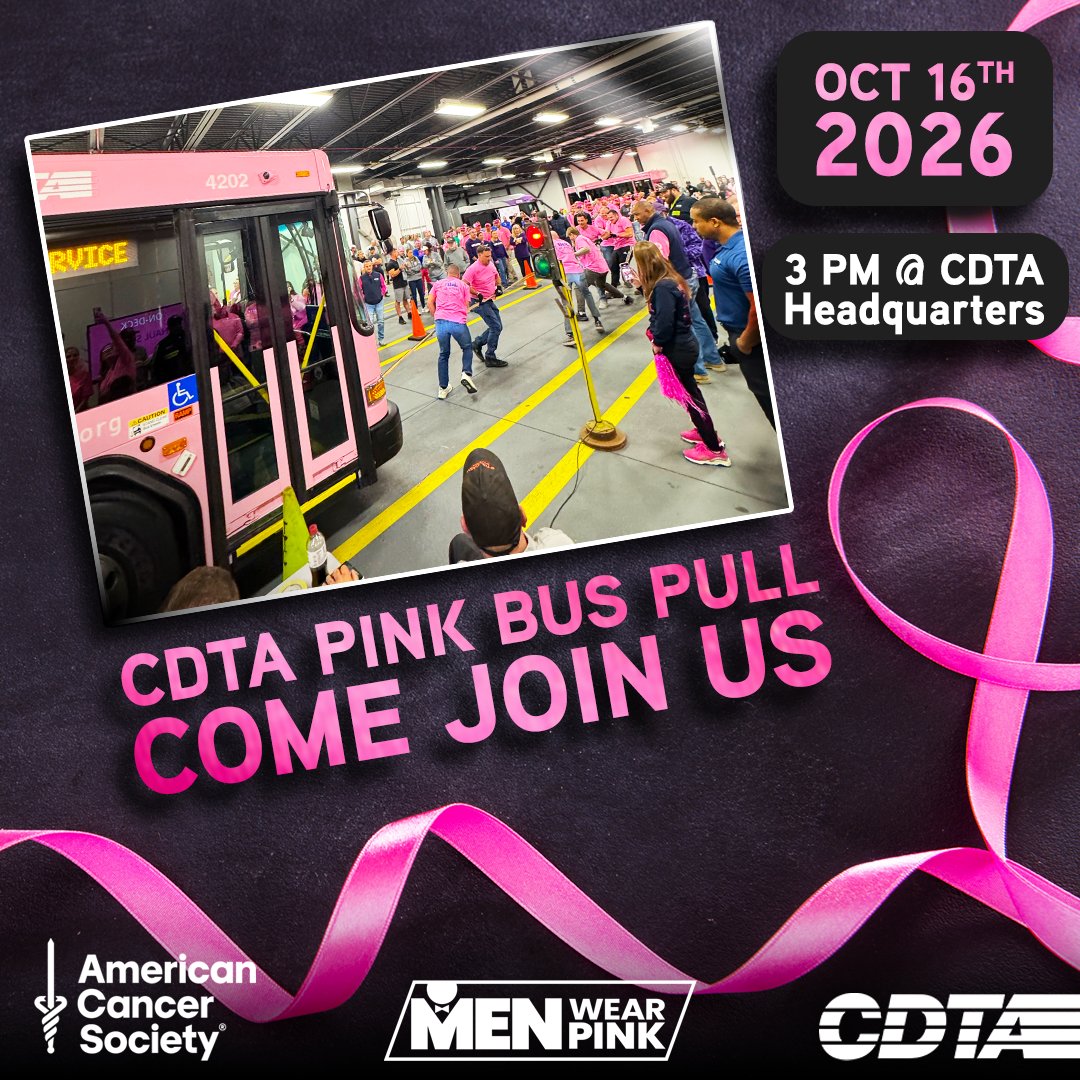 CDTA's tweet photo. The CDTA Pink Bus Pull is back for its 10th year! 🎀💪

Join us Friday, Oct. 16 at 3 PM at CDTA Headquarters as community and first responder teams compete in support of the American Cancer Society and breast cancer awareness.

Come cheer them on! https://t.co/HHKUVAcnpS
