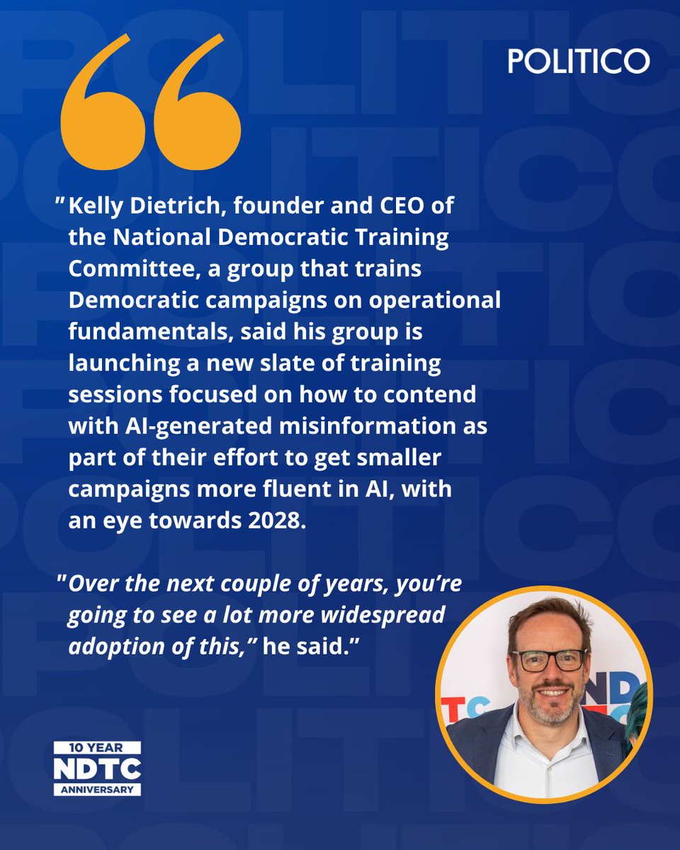 TrainDems's tweet photo. AI-generated misinformation is a real threat to Democratic campaigns. Kelly Dietrich, NDTC CEO & Founder, told @politico how our new trainings will help smaller campaigns get AI-fluent ahead of 2028. π
https://t.co/K73cdWknkK
#NDTC #TrainDems #BuildTheBench https://t.co/Ixiv376HMj